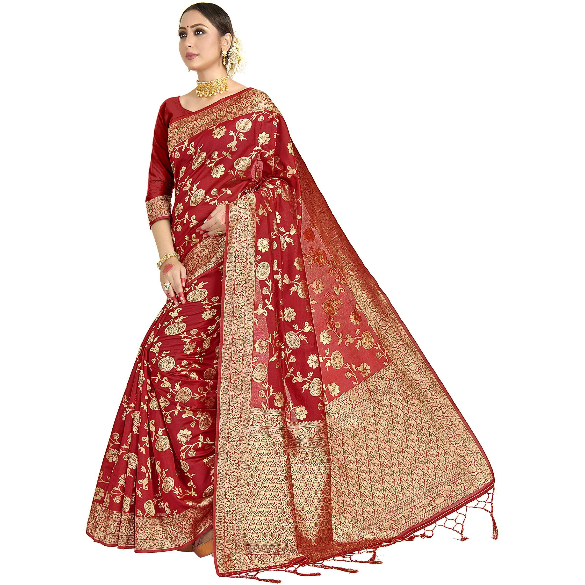 Vardha Womens Banarasi Art Silk Saree with Unstitched Blouse Piece - Zari Woven Work Sarees for Wedding (Paneri, 33, Red)