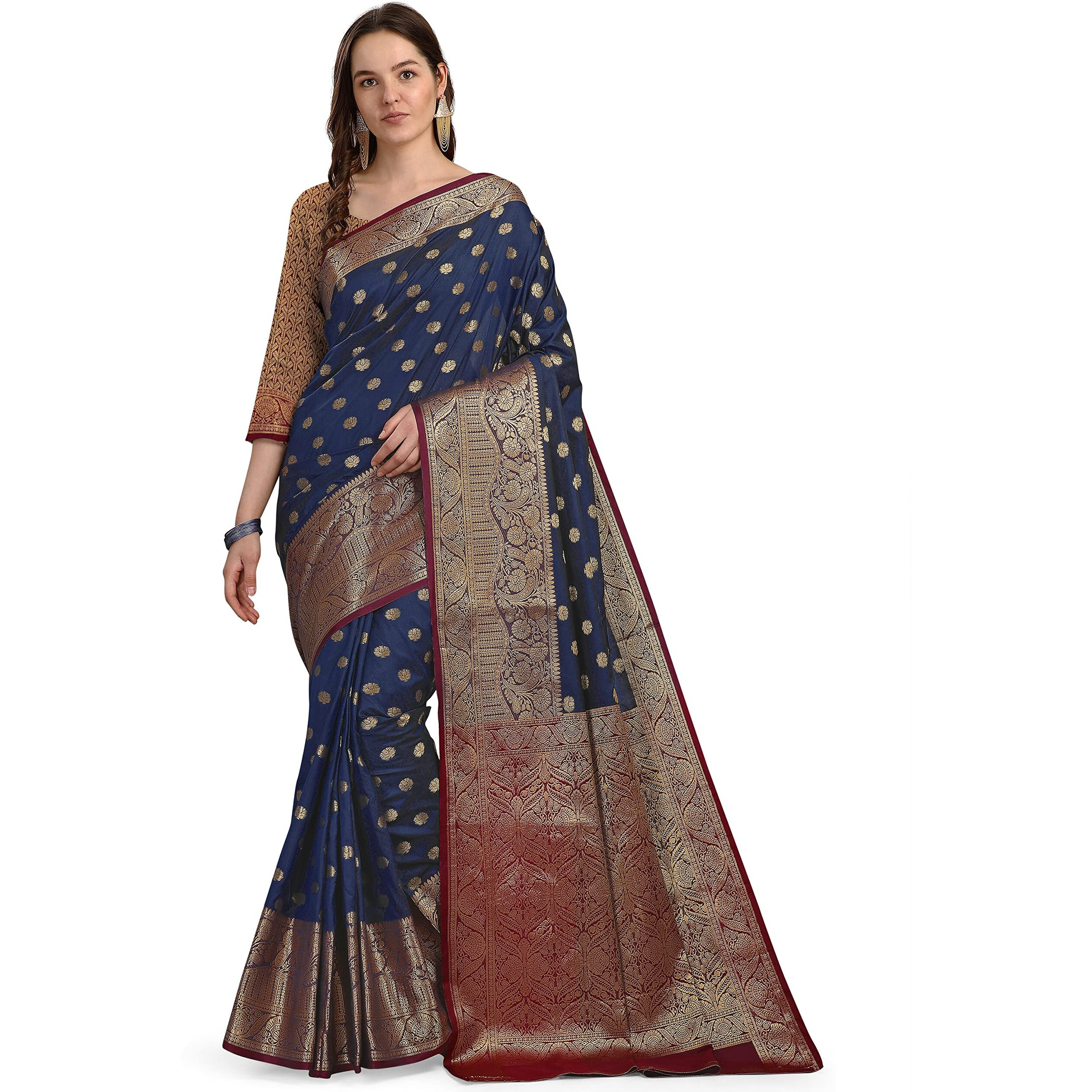 CRISKO FASHION Womens Banarasi Silk Saree With Un-stitched Blouse Piece - (DARK BLUE)