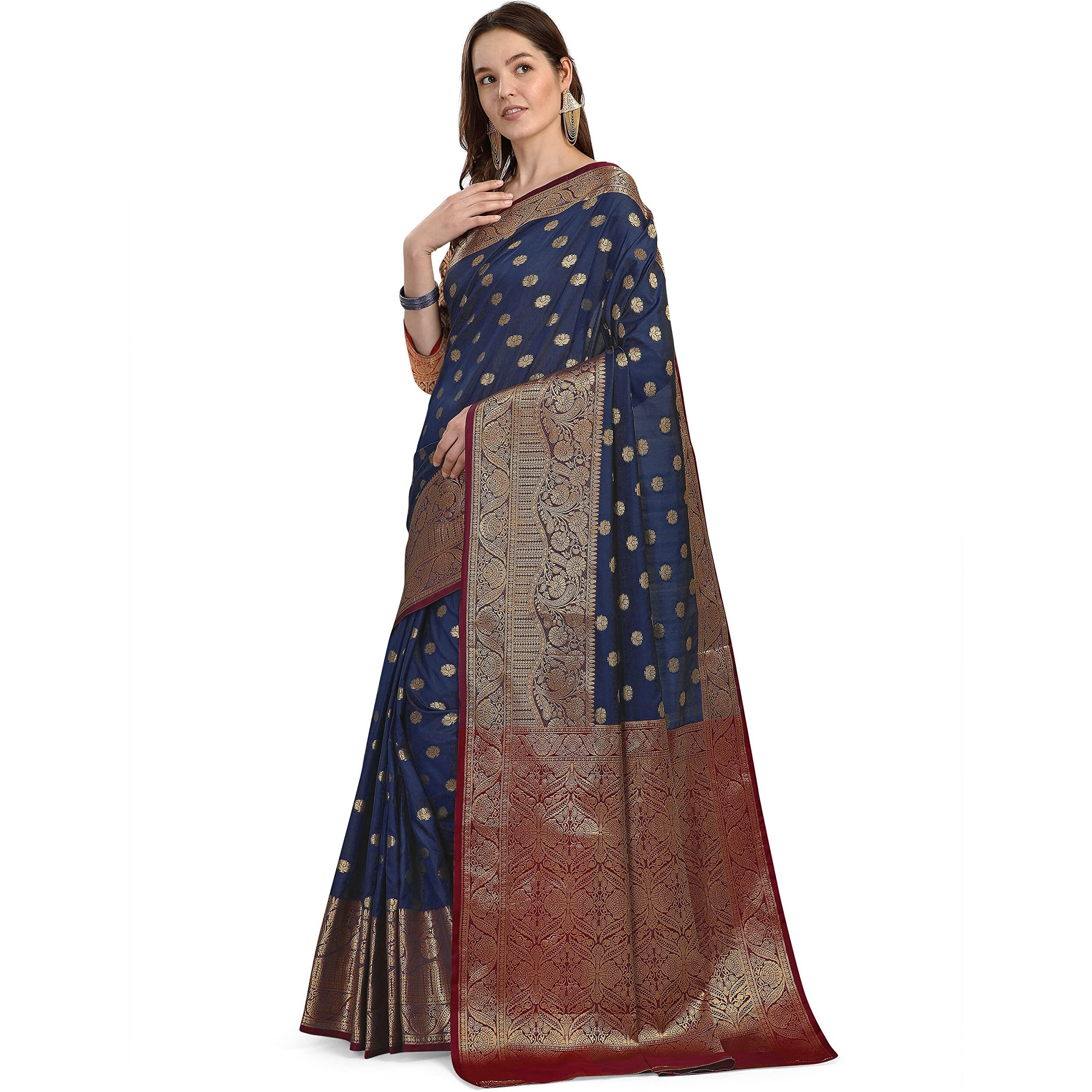 CRISKO FASHION Womens Banarasi Silk Saree With Un-stitched Blouse Piece - (DARK BLUE)