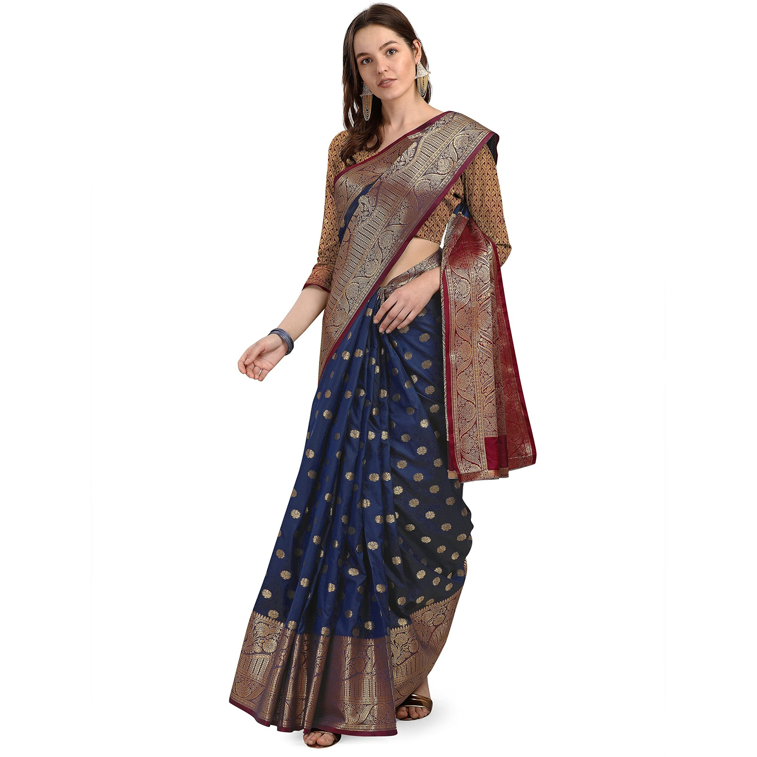 CRISKO FASHION Womens Banarasi Silk Saree With Un-stitched Blouse Piece - (DARK BLUE)