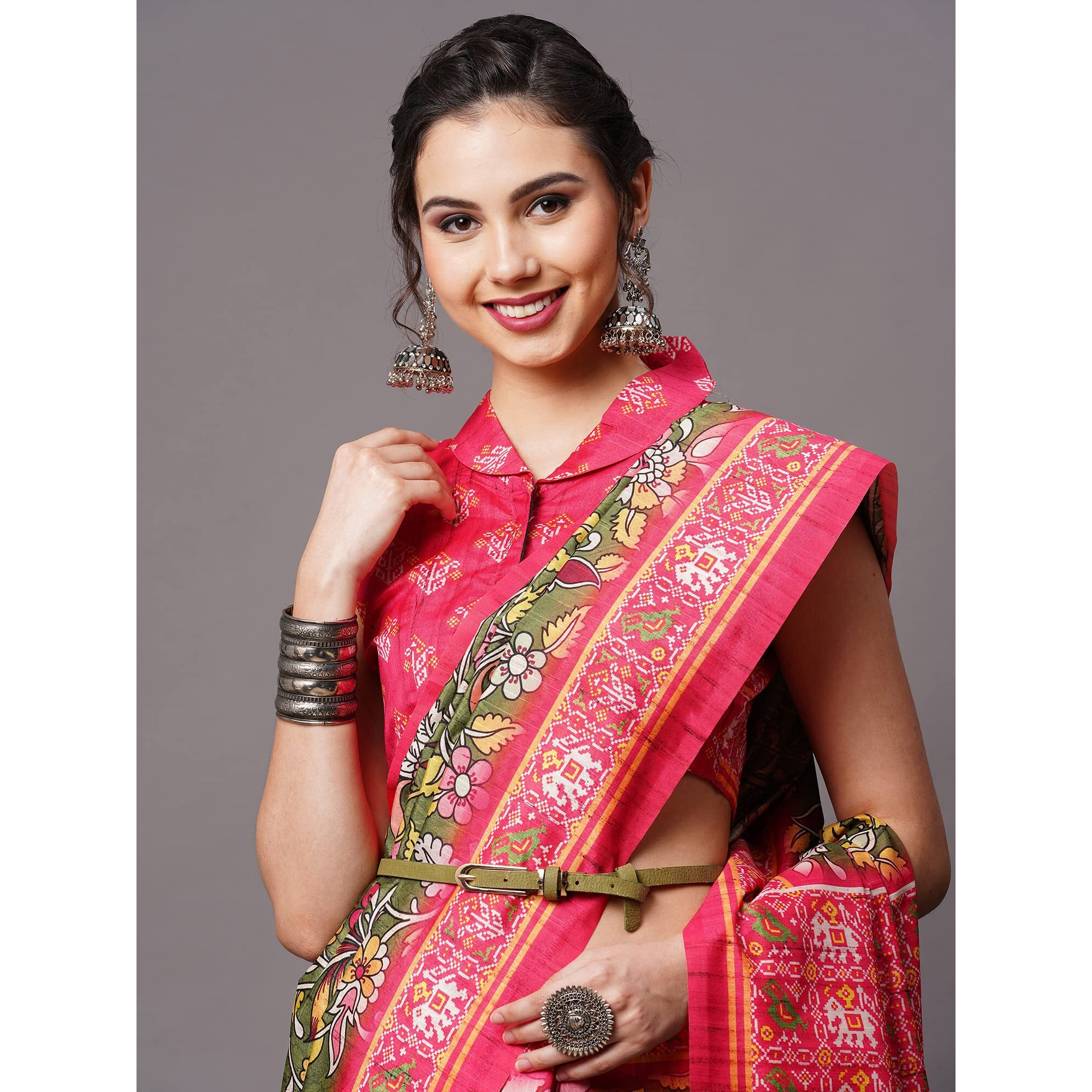 AKHILAM Womens Bhagalpuri Silk Floral Saree With Unstitched Blouse Piece(Olive Green_5NTYA507)