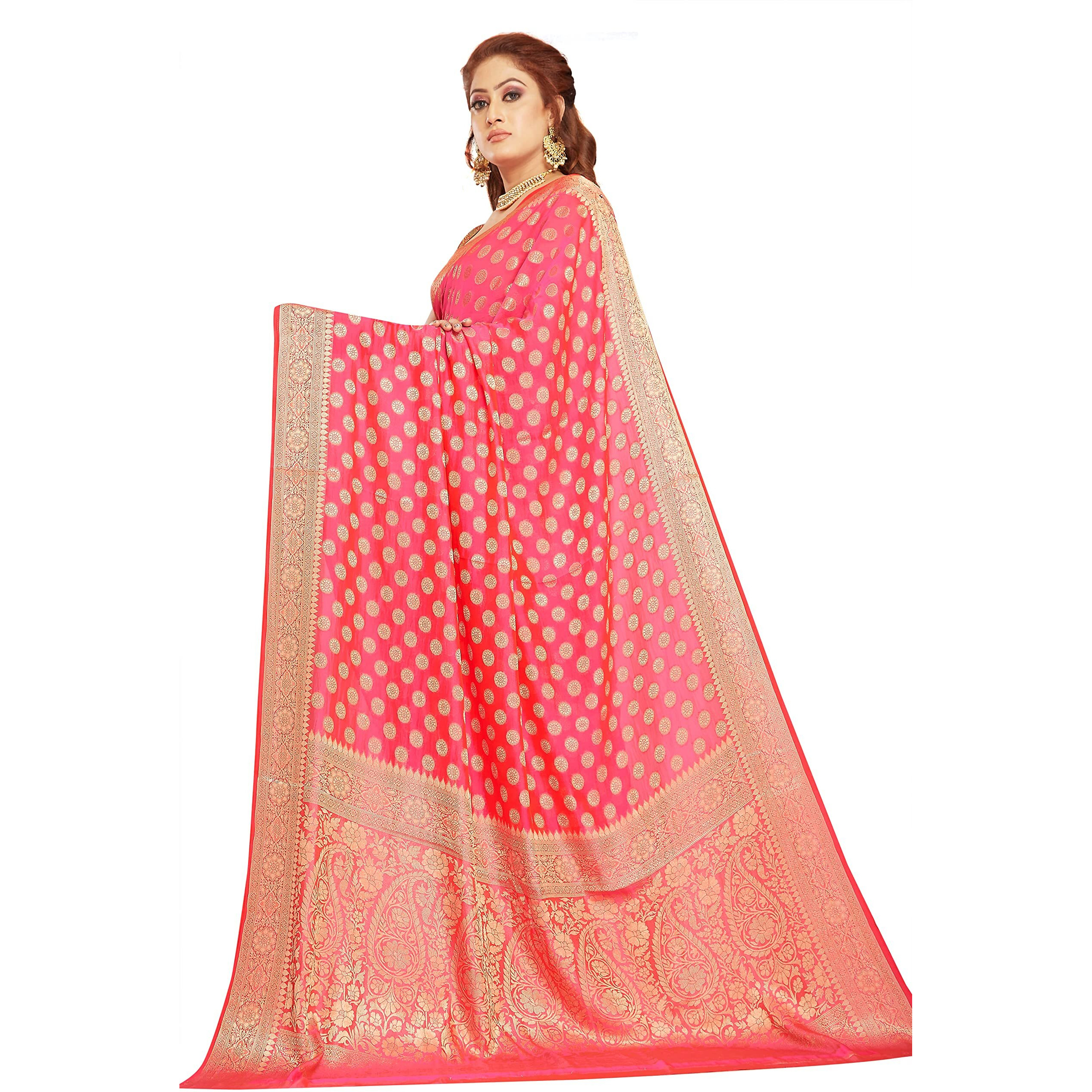 RANI SAAHIBA Womens Georgette Silk Resham Woven Saree With Blouse Piece (SKR10190_Peach)