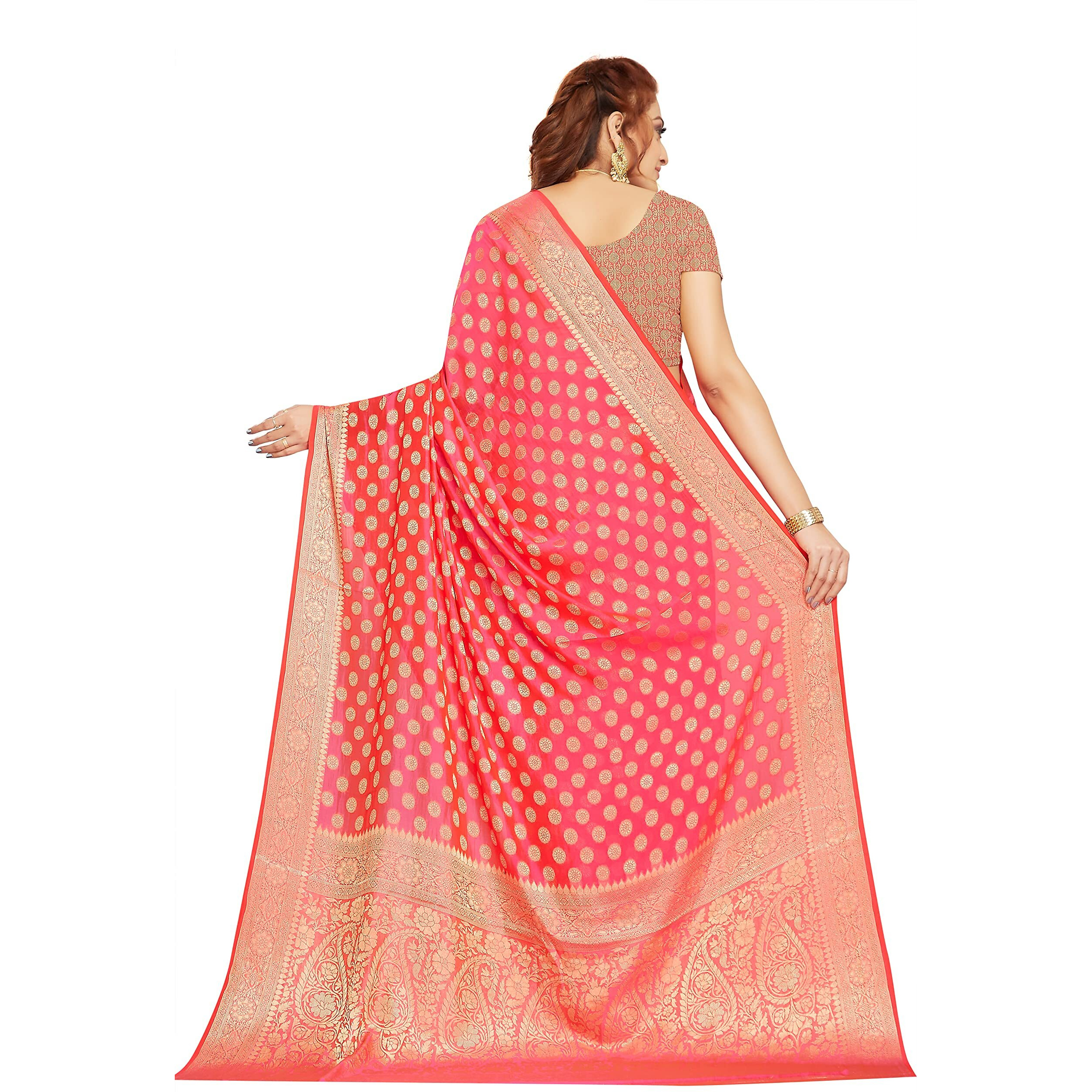 RANI SAAHIBA Womens Georgette Silk Resham Woven Saree With Blouse Piece (SKR10190_Peach)