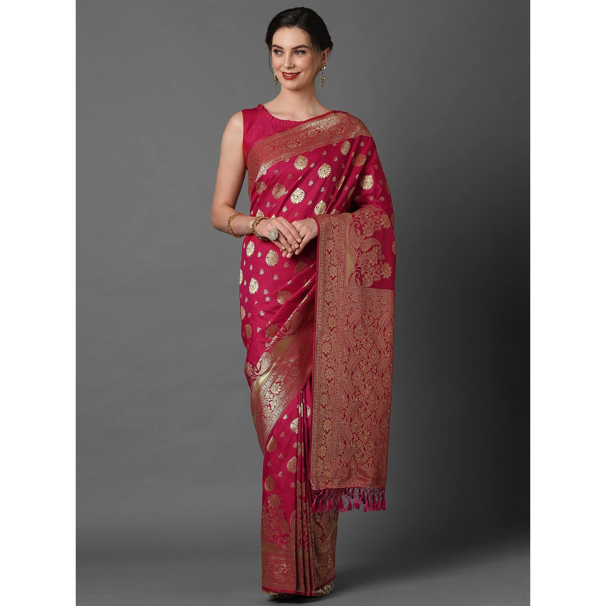 AKHILAM Womens Silk Blend Woven Design Saree With Unstitched Blouse Piece(Pink_3PAKHI5107)