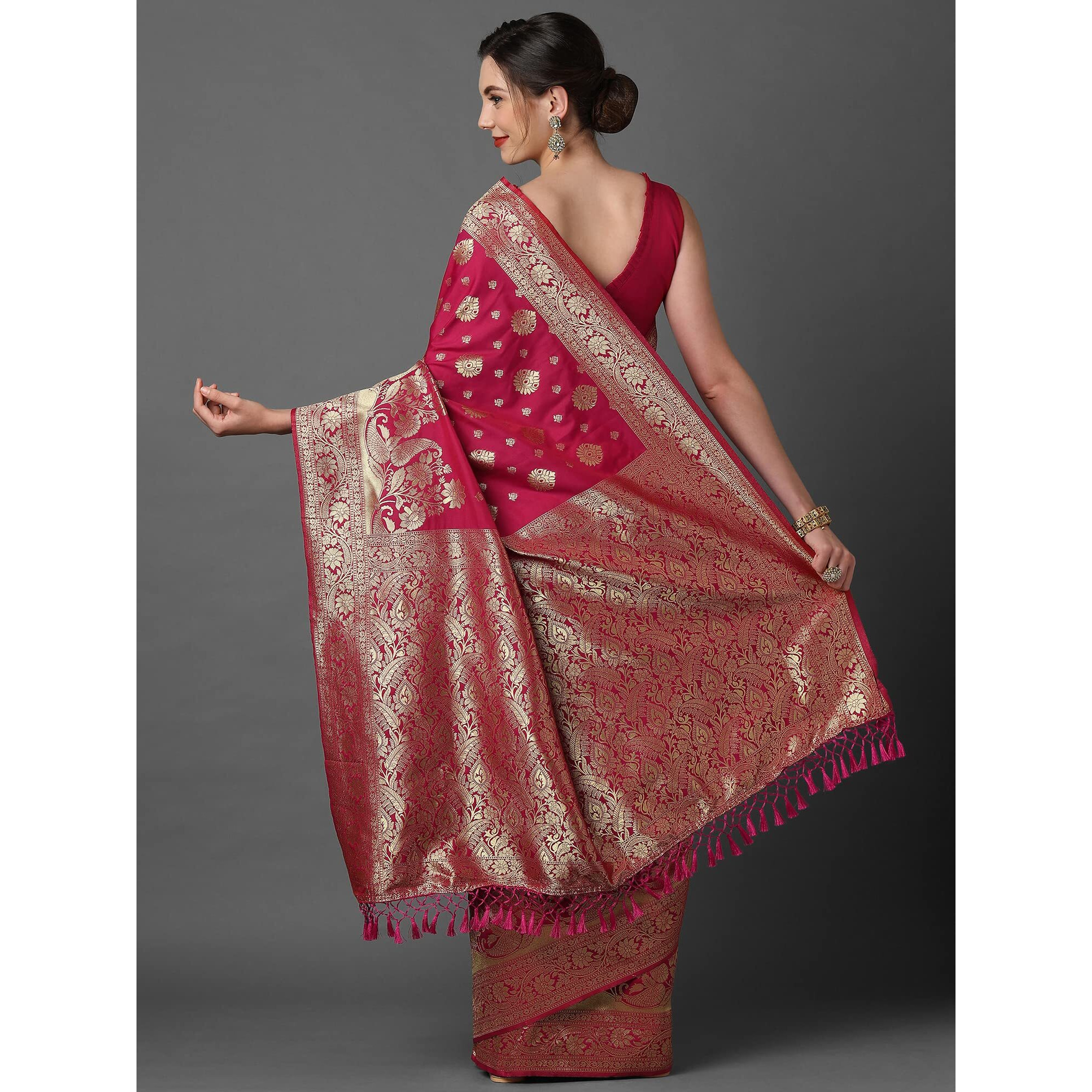 AKHILAM Womens Silk Blend Woven Design Saree With Unstitched Blouse Piece(Pink_3PAKHI5107)