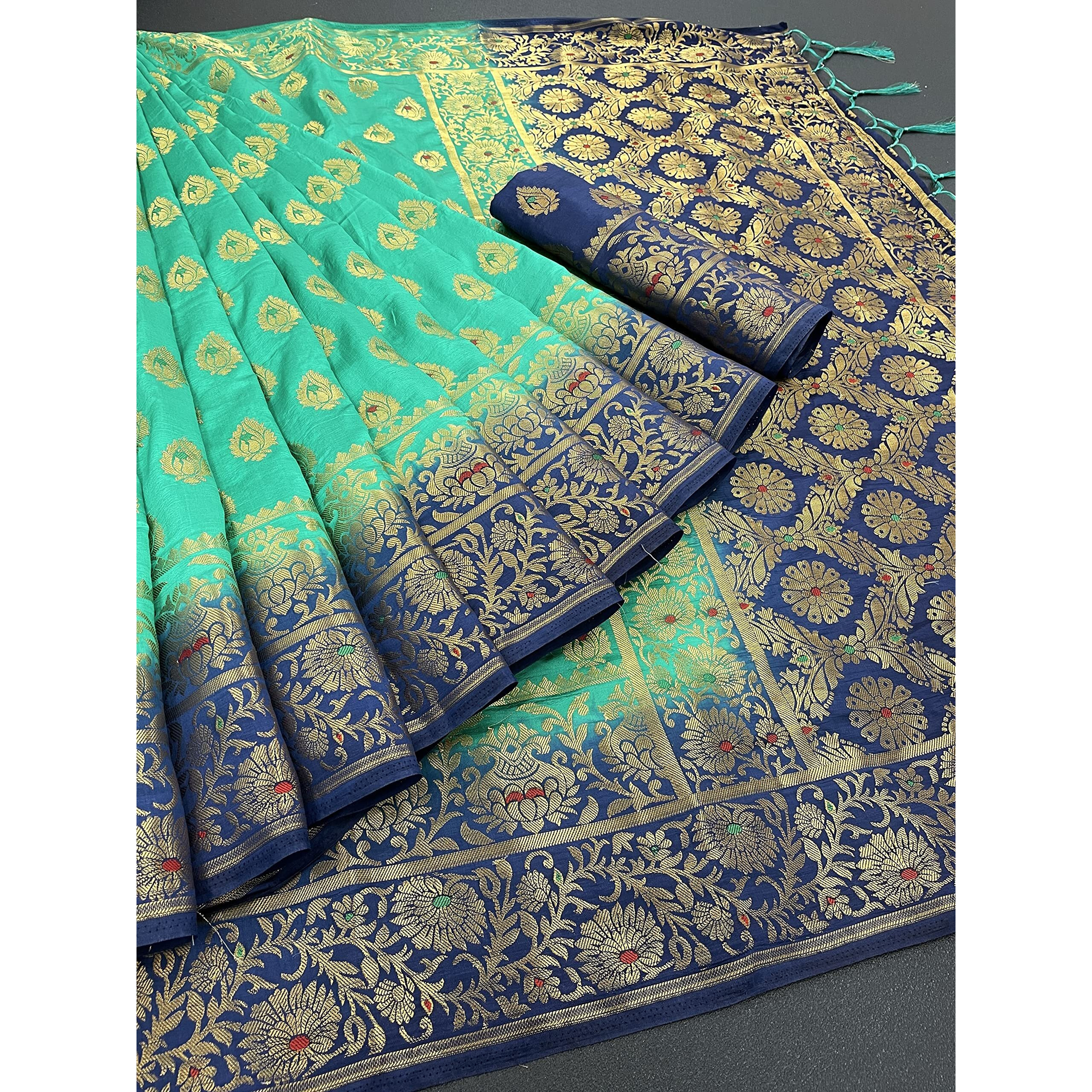 iZibra Silk Saree for Women Kanjivaram Soft Pattu Sari Banarasi Cotton Sari Kanchipuram Pure Floral Design with Blouse Wedding Sadi New Ladies 2023(Kalashh)(Green NavyBlue)