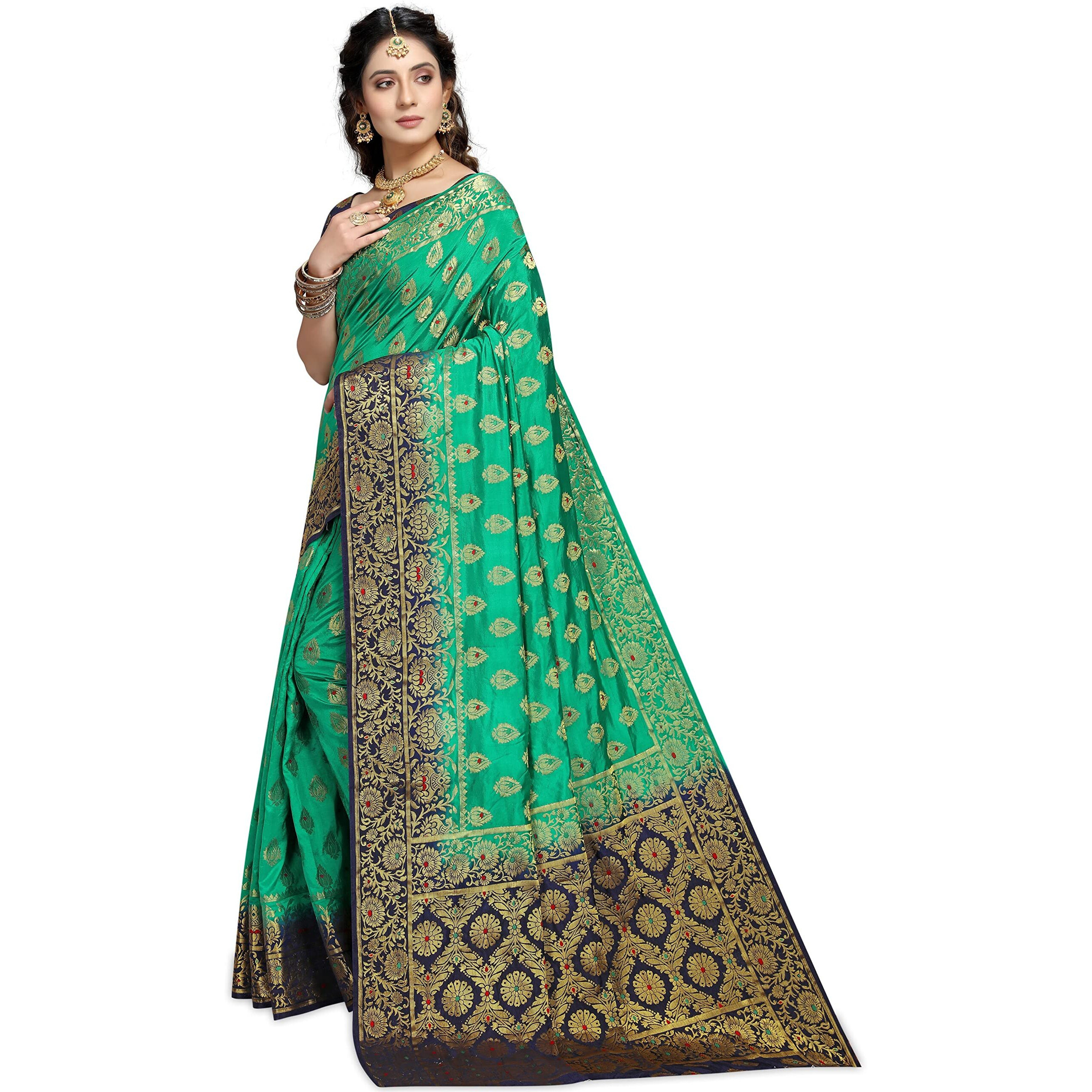 iZibra Silk Saree for Women Kanjivaram Soft Pattu Sari Banarasi Cotton Sari Kanchipuram Pure Floral Design with Blouse Wedding Sadi New Ladies 2023(Kalashh)(Green NavyBlue)