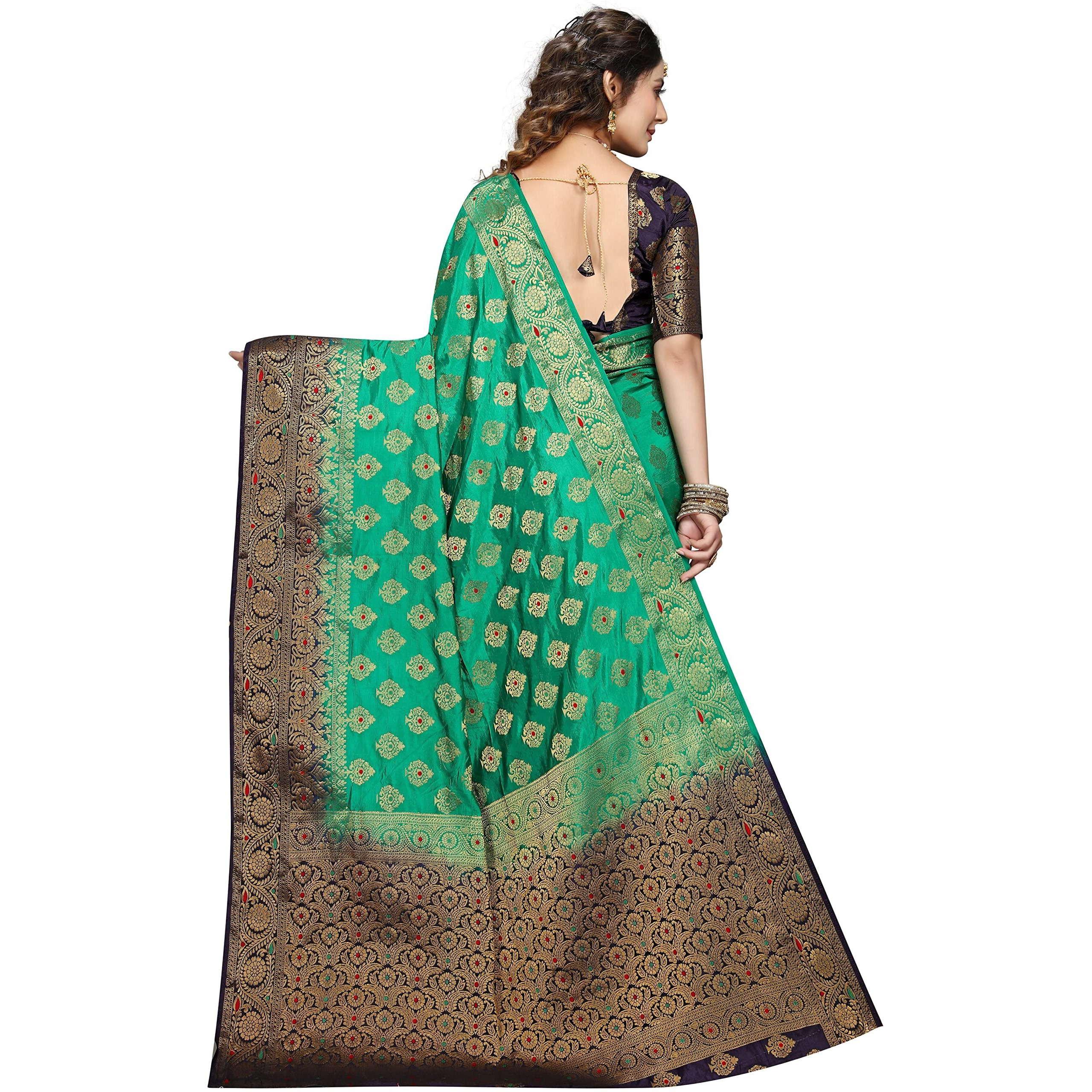 iZibra Womens Kanchipuram Pattu Sarees Pure Kanjivaram Saree Soft Banarasi Silk Saree For Wedding With Blouse Piece (flower-tree paithani) (Green Navy Blue)