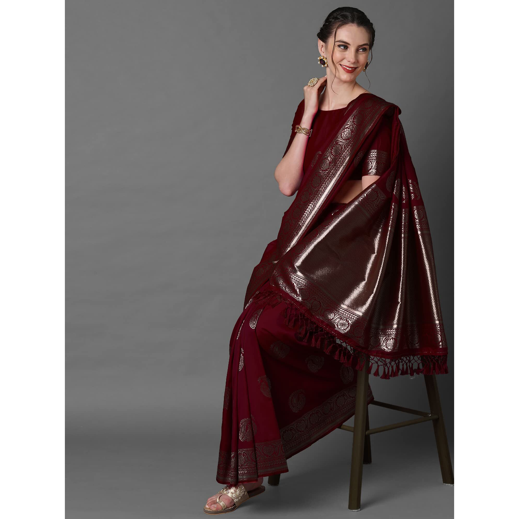 AKHILAM Womens Floral Silk Blend Woven Design Saree With Unstitched Blouse Piece (Brown_3PAKHI5104A)