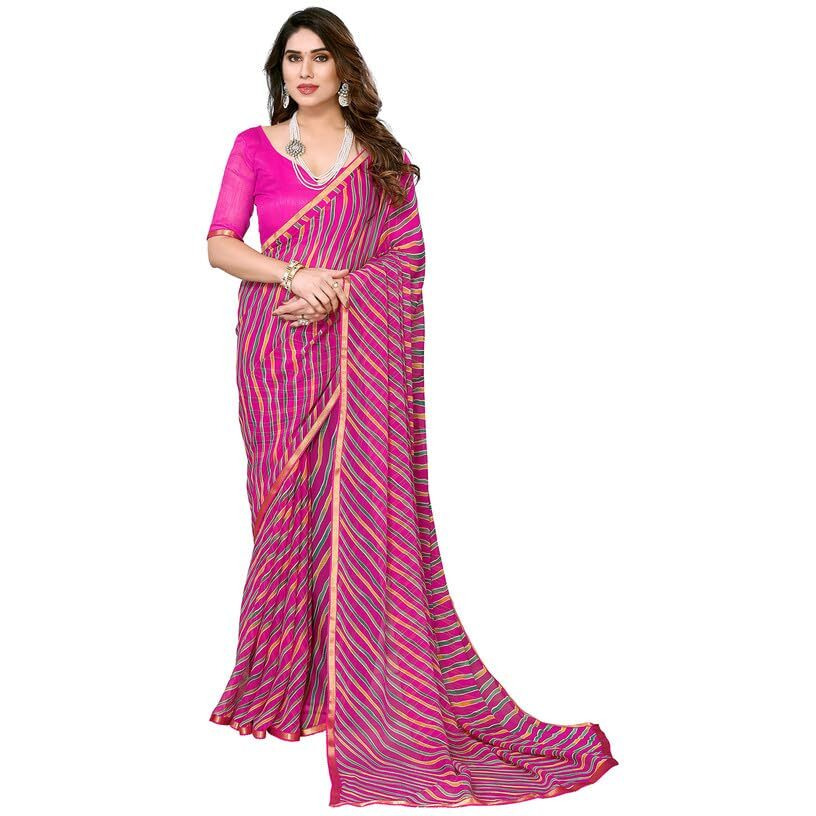 Satrani Womens Pure Chiffon Saree (3218S215N_Rani Pink & Multi6)