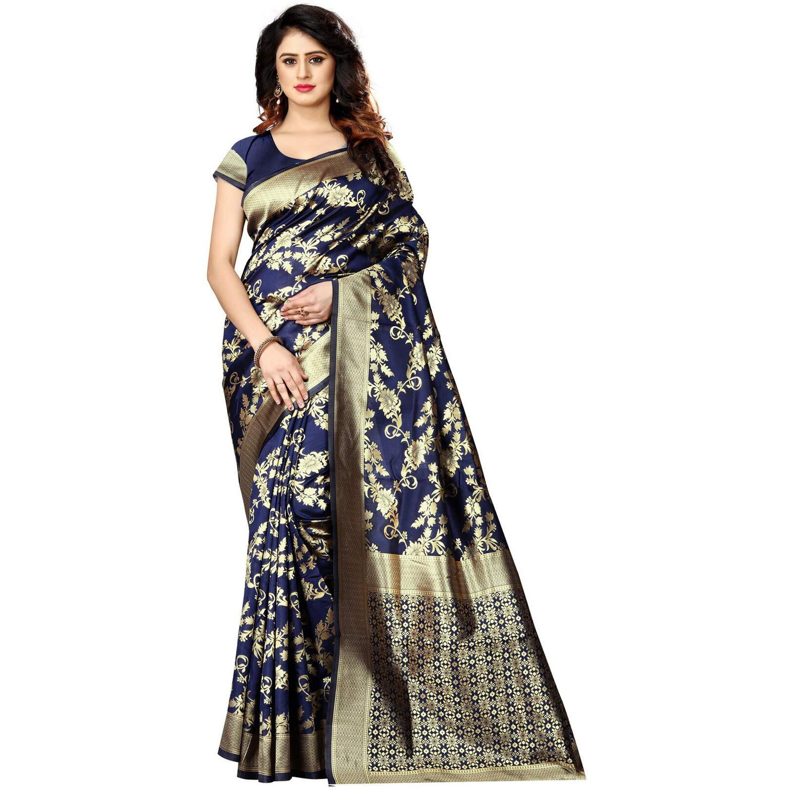 Shasmi Navy Blue and Golden Silk Blend Banaras Jacquard Woven Designing Saree for Women (San Pari 37