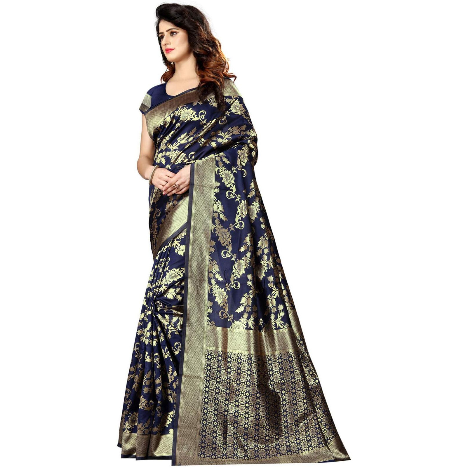 Shasmi Navy Blue and Golden Silk Blend Banaras Jacquard Woven Designing Saree for Women (San Pari 37