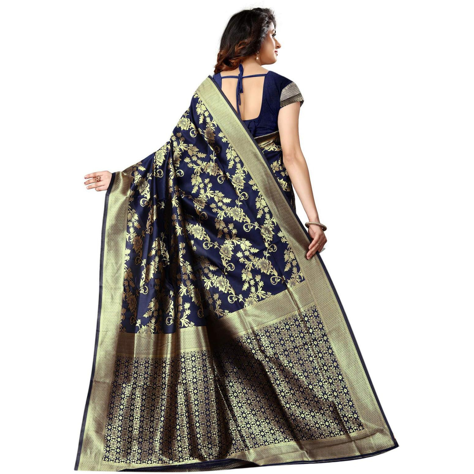 Shasmi Navy Blue and Golden Silk Blend Banaras Jacquard Woven Designing Saree for Women (San Pari 37