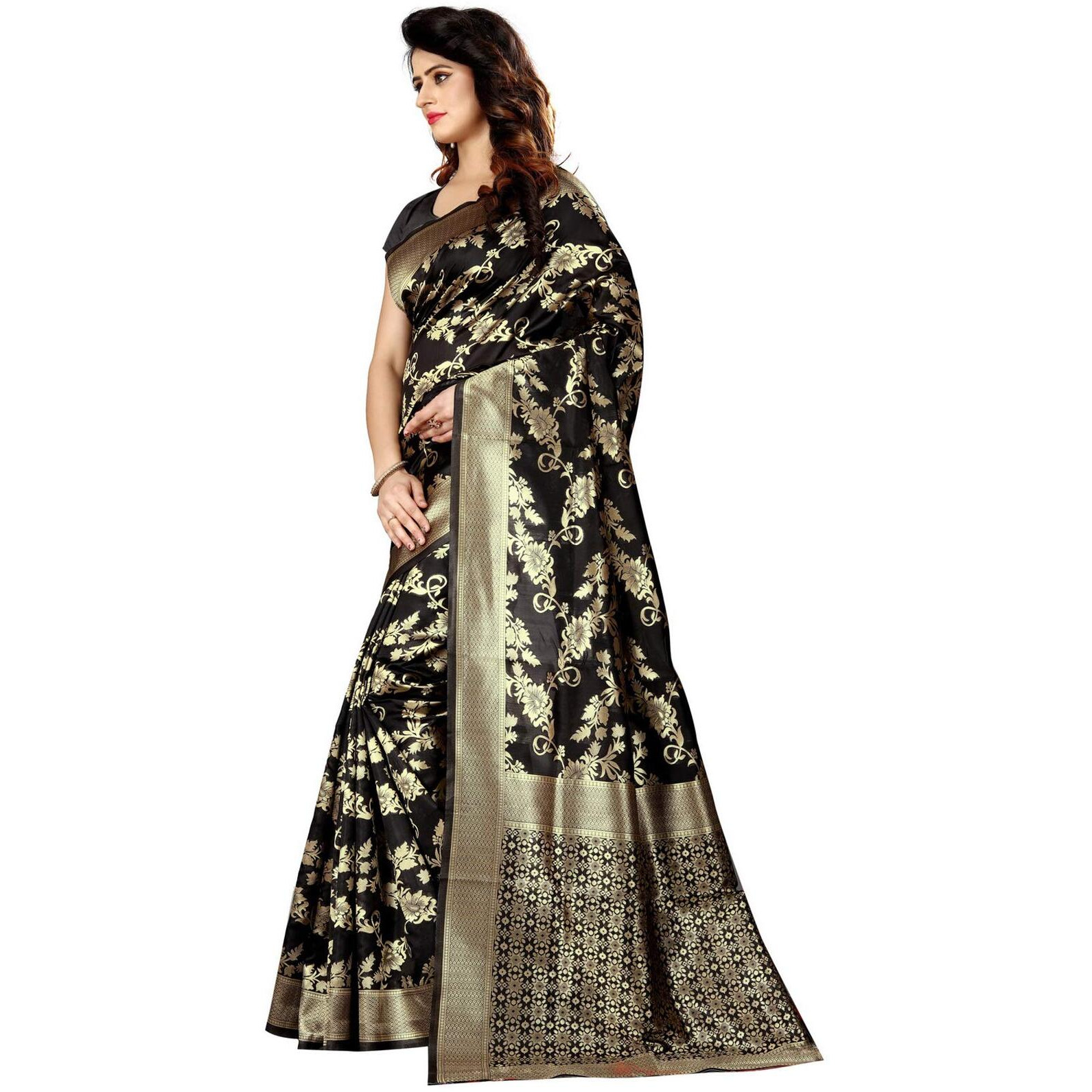 Shasmi Black and Golden Silk Blend Kanchipuram Jacquard Woven Designing Saree for Women (San Pari 37