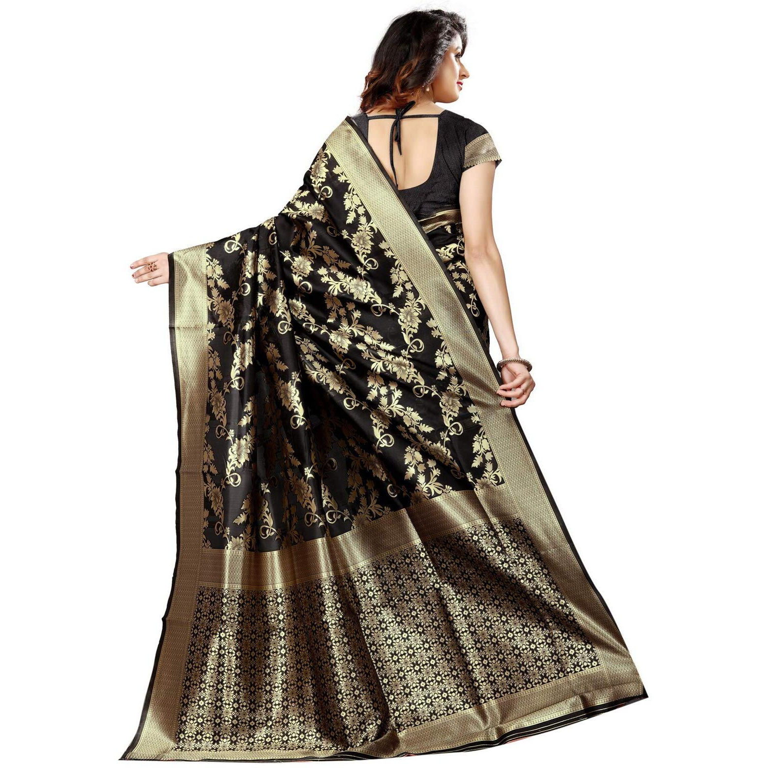 Shasmi Black and Golden Silk Blend Kanchipuram Jacquard Woven Designing Saree for Women (San Pari 37