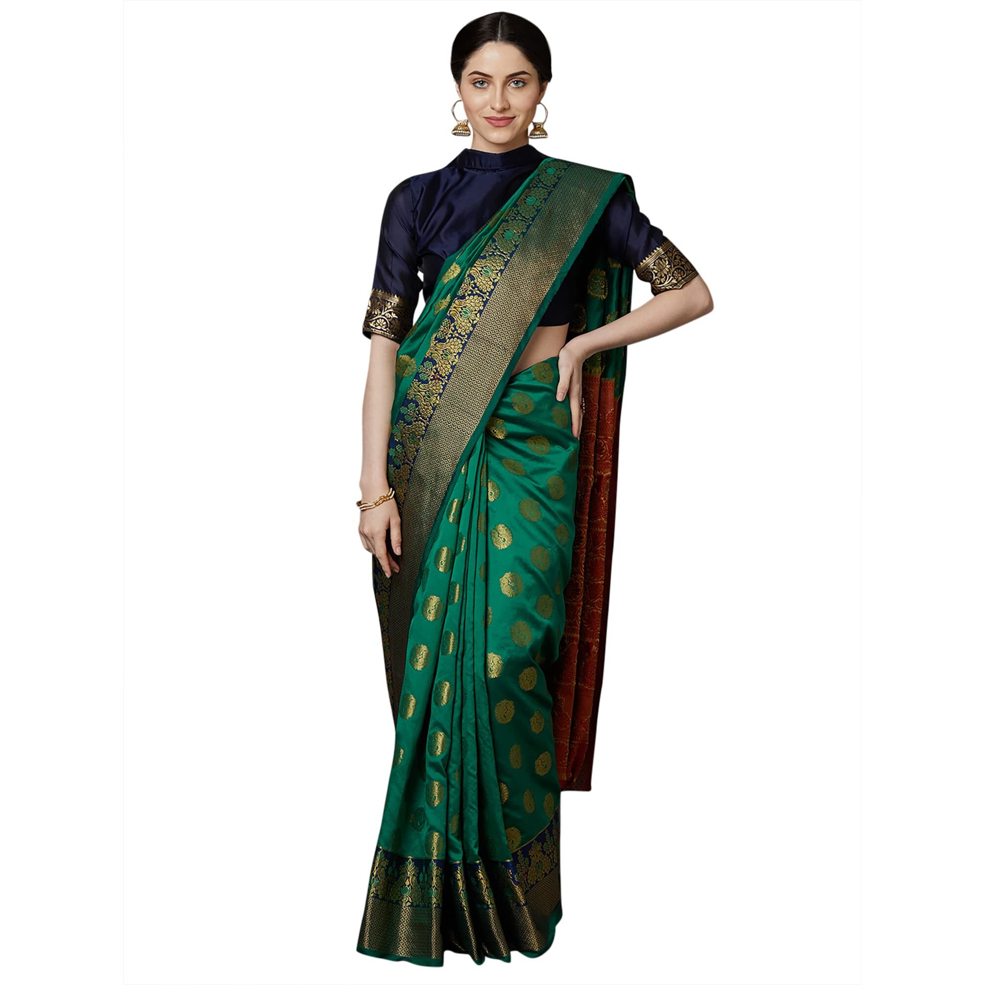 AKHILAM Womens Kanjivaram banarasi silk Woven Design Saree With Unstitched Blouse Piece Saree With Un-Stiched Blouse(Green_VSPC7504)