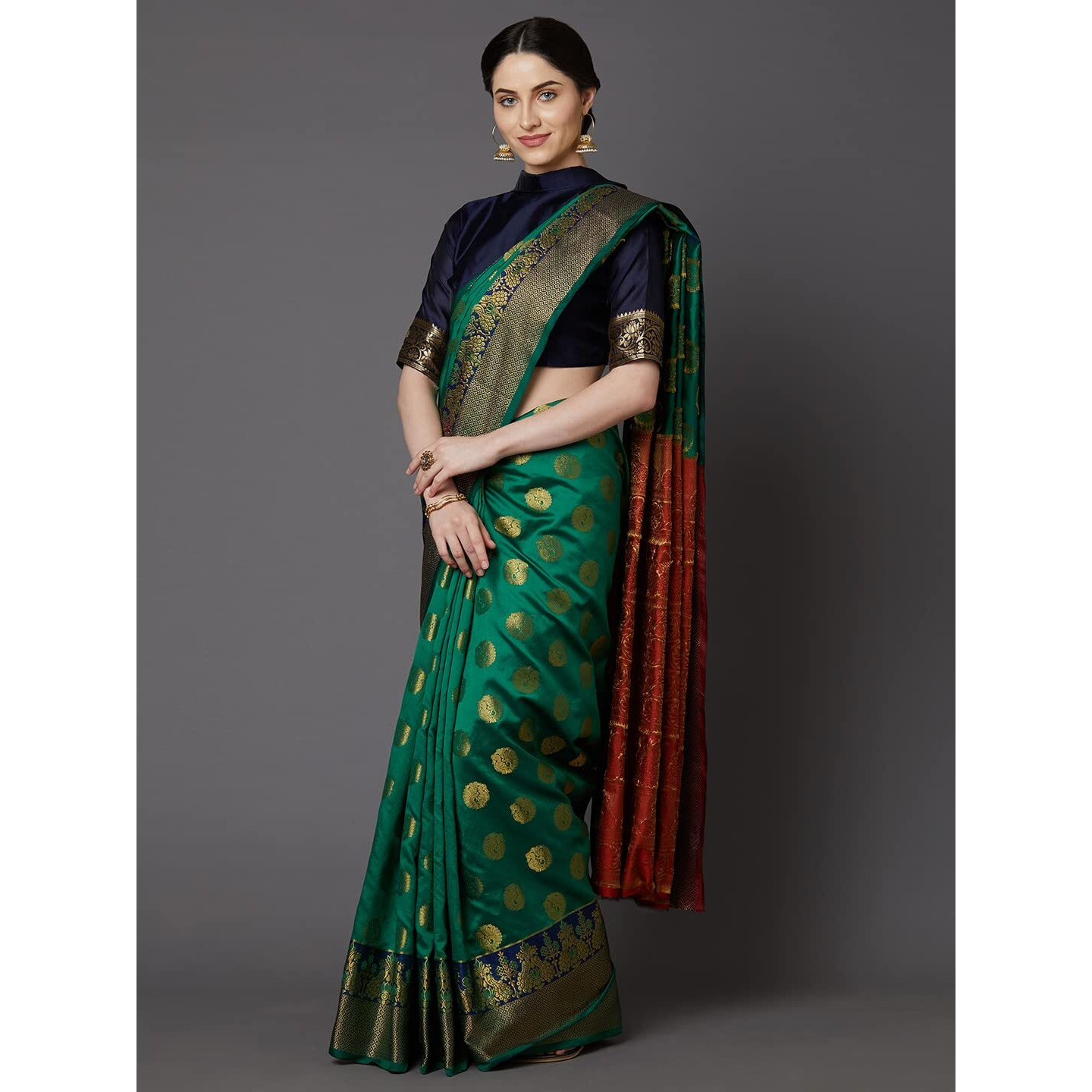 AKHILAM Womens Kanjivaram banarasi silk Woven Design Saree With Unstitched Blouse Piece Saree With Un-Stiched Blouse(Green_VSPC7504)