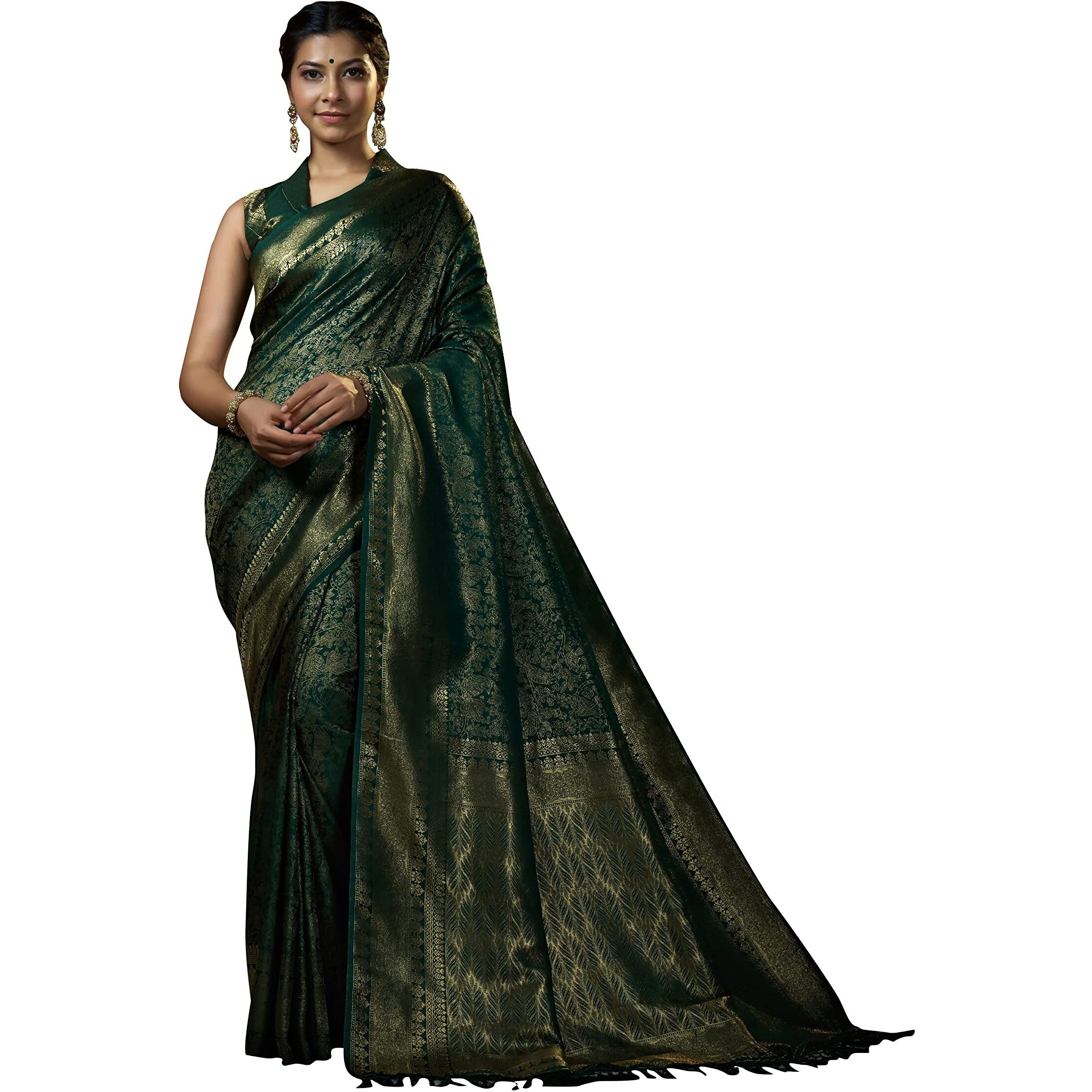 Vardha Womens Kanchipuram Art Silk Saree with Unstitched Blouse Piece - Zari Woven Work Sarees for Wedding (Asya Silk, 397, Dark Green)