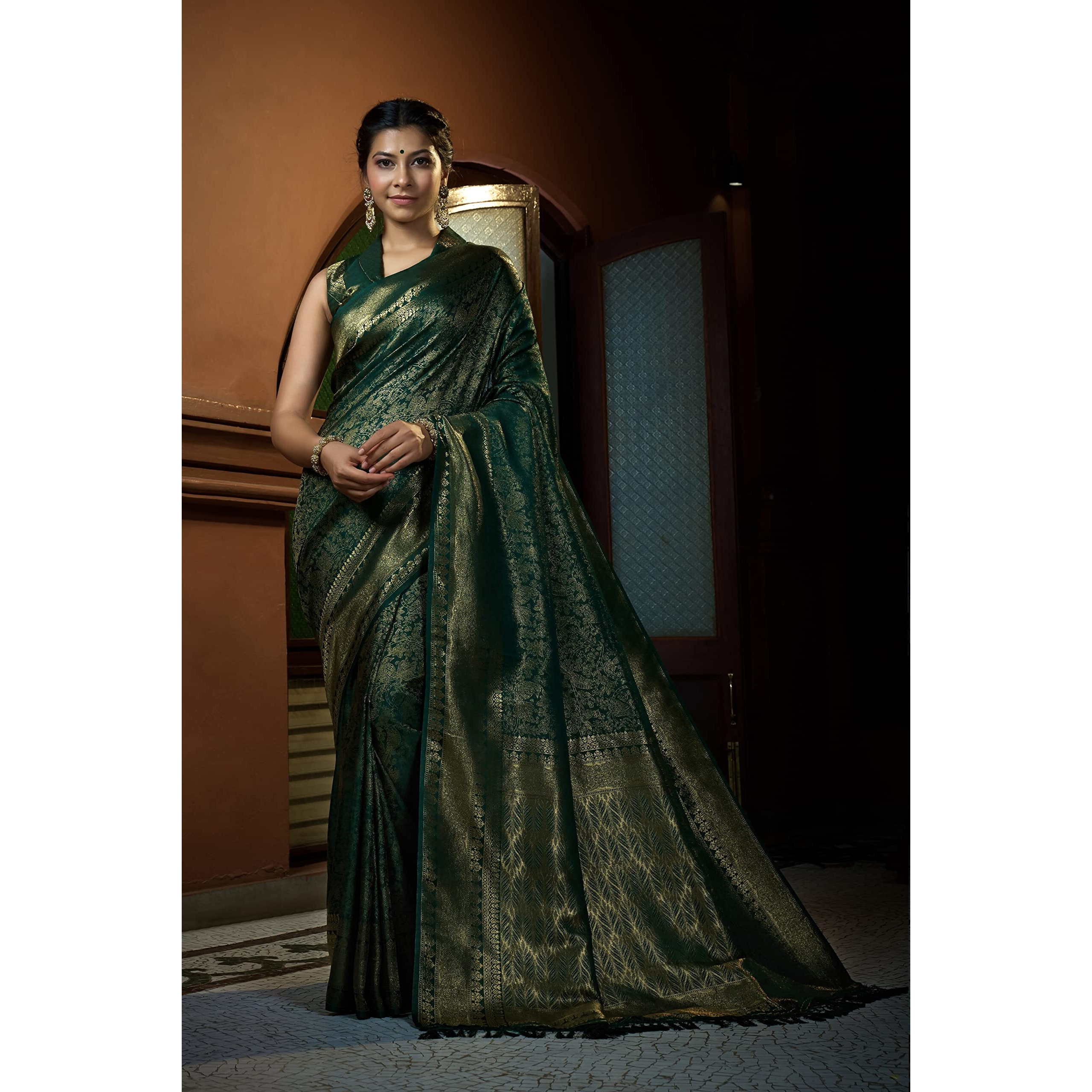 Vardha Womens Kanchipuram Art Silk Saree with Unstitched Blouse Piece - Zari Woven Work Sarees for Wedding (Asya Silk, 397, Dark Green)