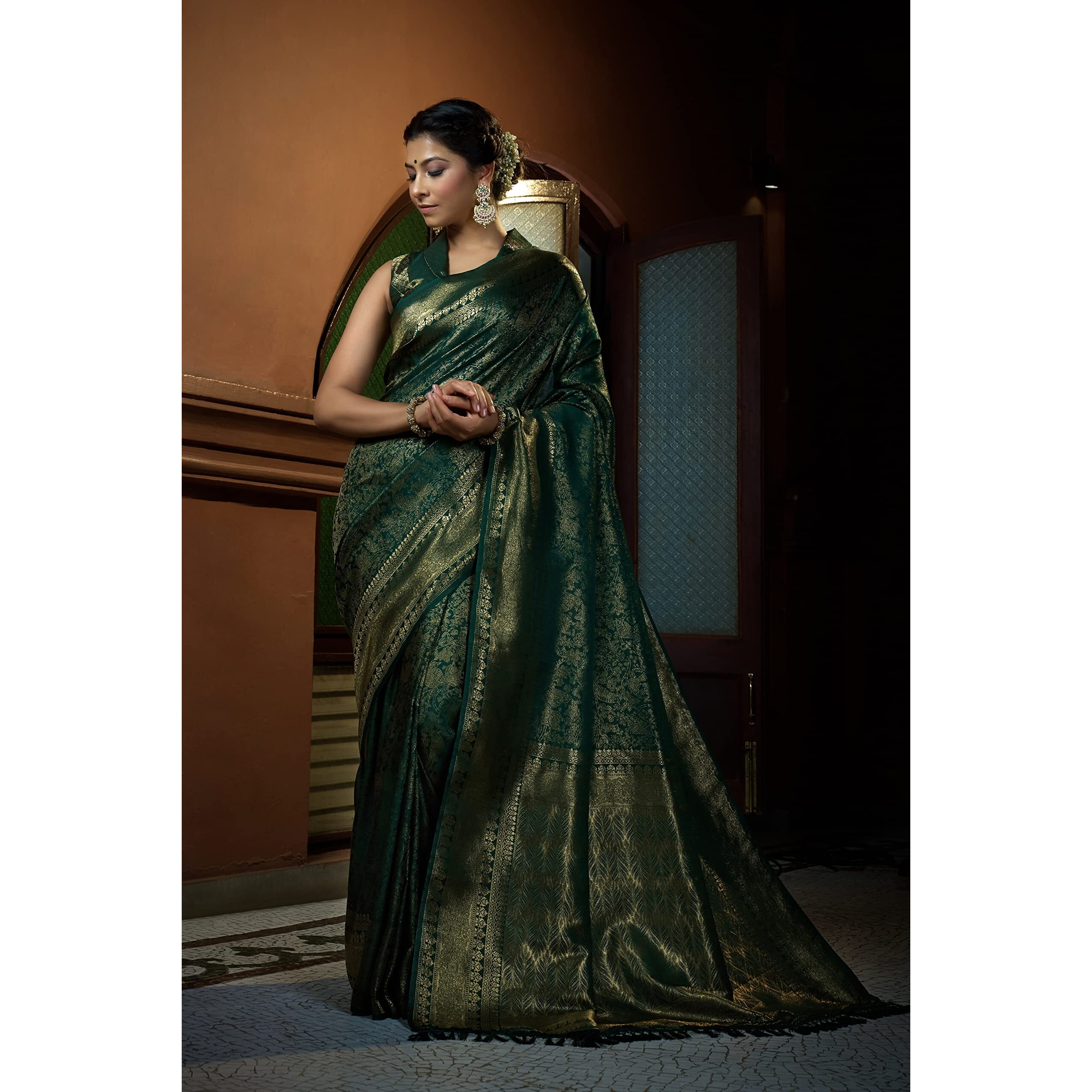 Vardha Womens Kanchipuram Art Silk Saree with Unstitched Blouse Piece - Zari Woven Work Sarees for Wedding (Asya Silk, 397, Dark Green)