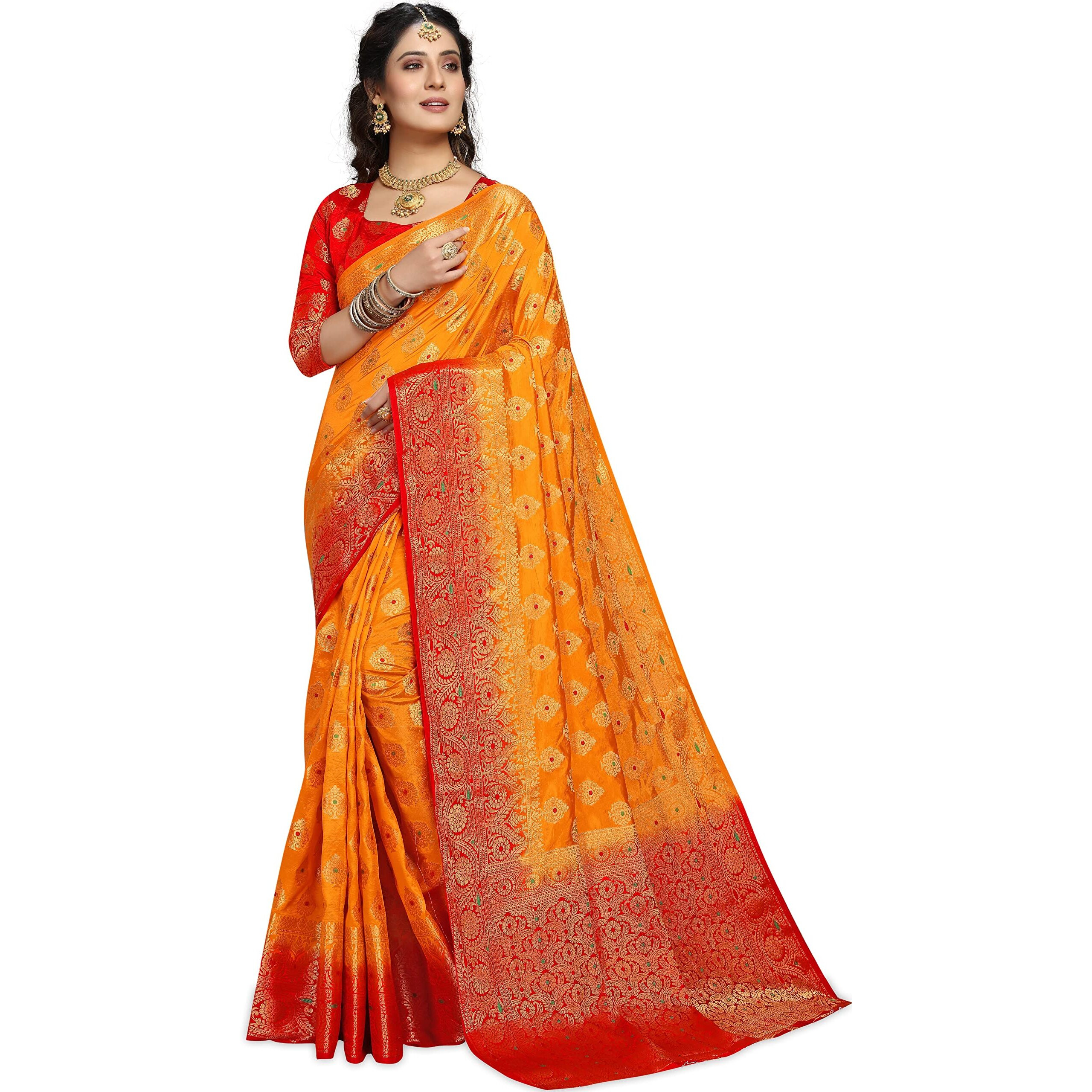 iZibra Kanjivaram Silk Saree Wedding For Women Banarasi Sadi Original Kanchipuram Pure Pattu Sari With Blouse Piece 2023(flowertree)(Yellow Red)