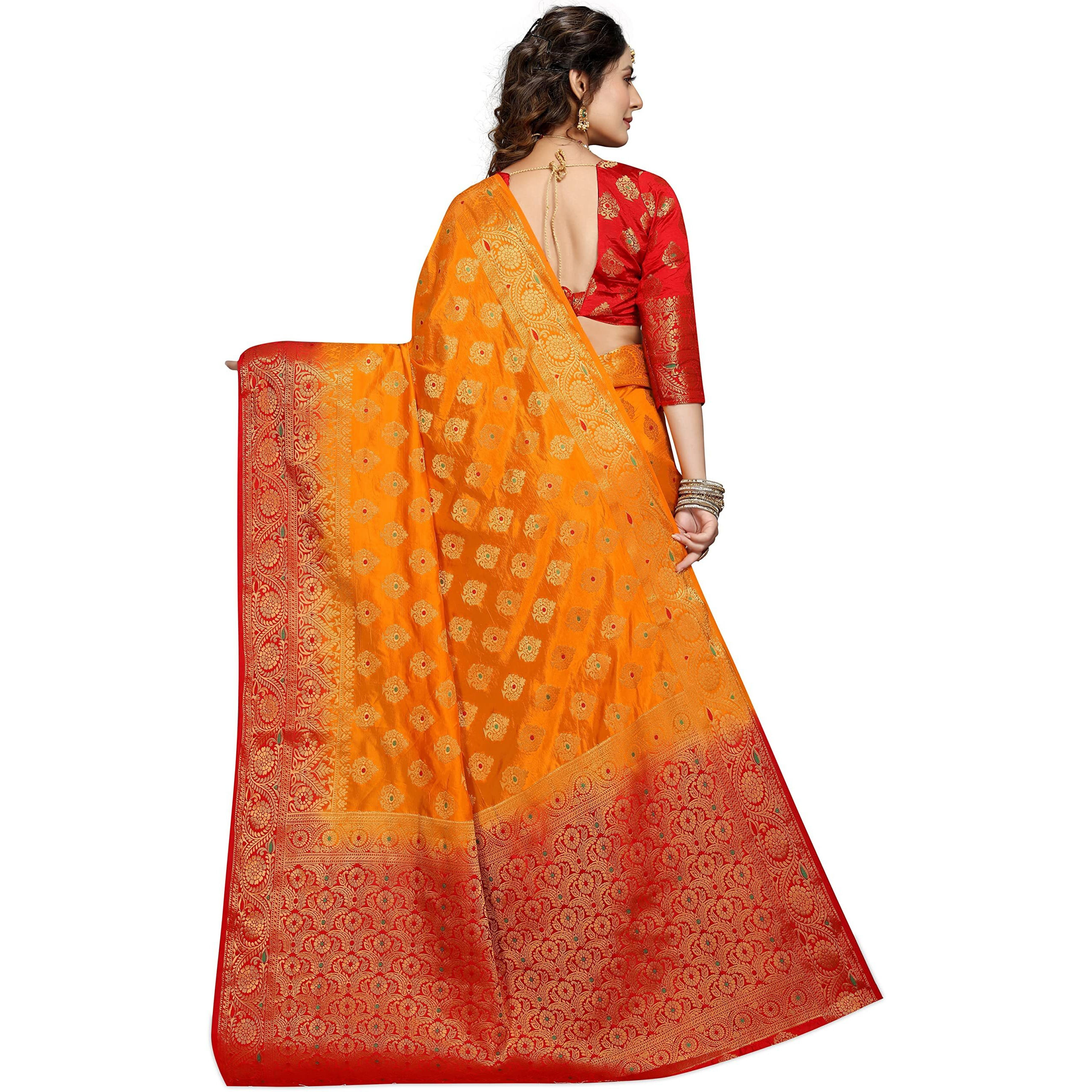 iZibra Kanjivaram Silk Saree Wedding For Women Banarasi Sadi Original Kanchipuram Pure Pattu Sari With Blouse Piece 2023(flowertree)(Yellow Red)