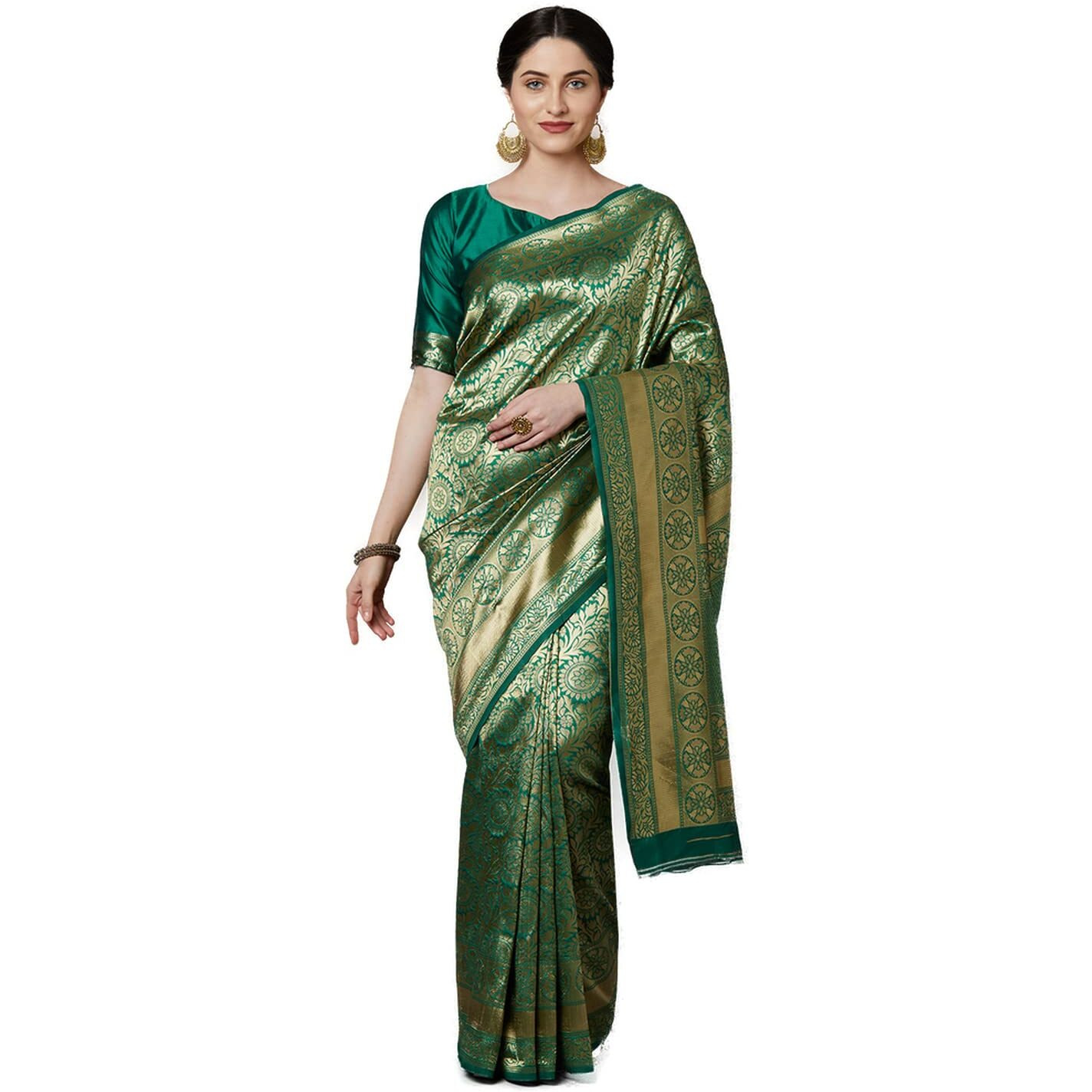 AKHILAM Womens Kanjivaram banarasi silk Woven Design Saree With Unstitched Blouse Piece Saree With Un-Stiched Blouse(Green_VSHU7919_D)