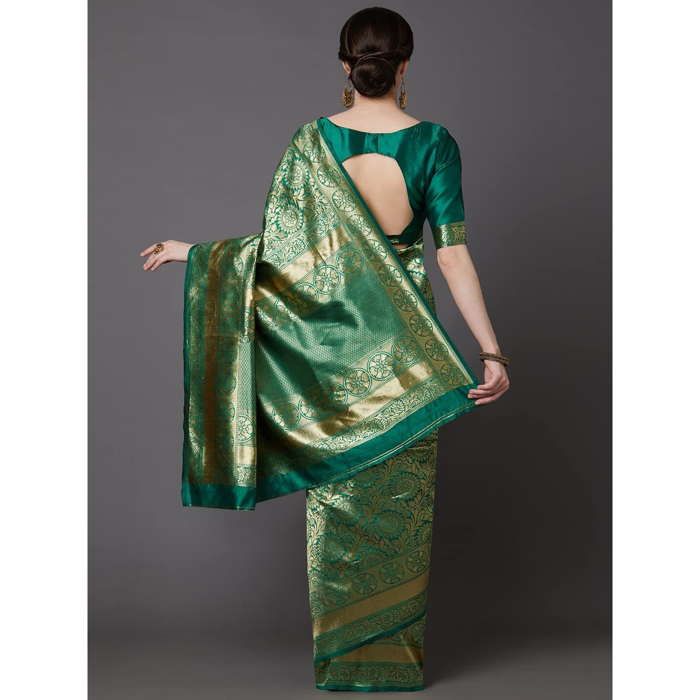 AKHILAM Womens Kanjivaram banarasi silk Woven Design Saree With Unstitched Blouse Piece Saree With Un-Stiched Blouse(Green_VSHU7919_D)