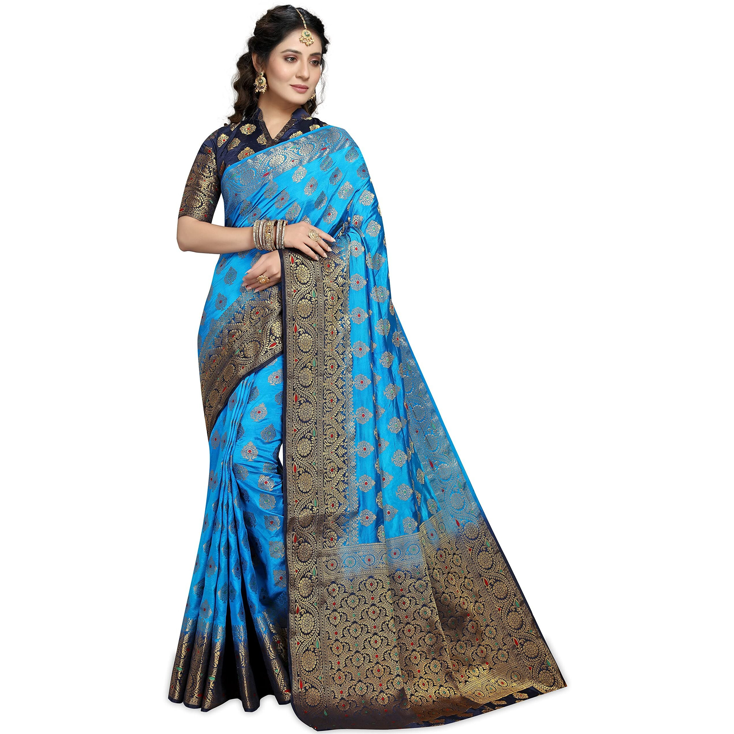 iZibra Womens Saree Kanjivaram Soft Silk Sari for Banarasi Wedding Sarees New Pure Ladies Kanchipuram Pattu Pure Sadi Paithani Original 2023 With Blouse Piece(flowertree)(SkyBlue NavyBlue)