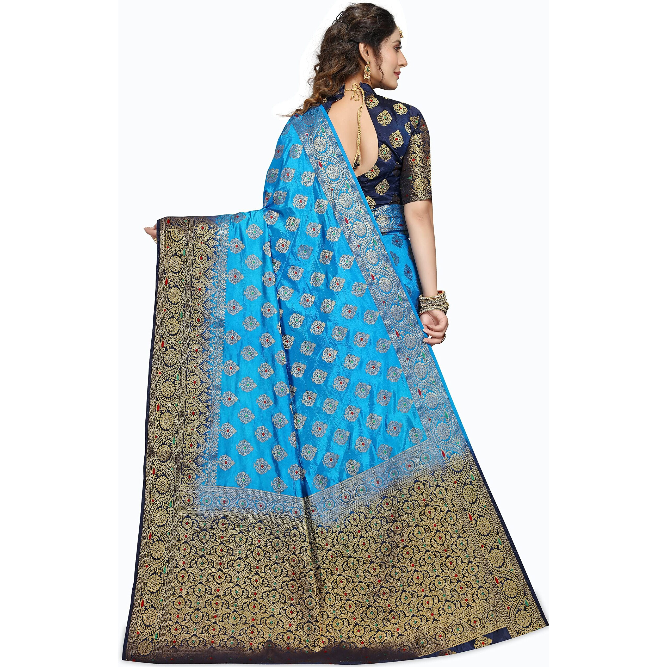 iZibra Womens Saree Kanjivaram Soft Silk Sari for Banarasi Wedding Sarees New Pure Ladies Kanchipuram Pattu Pure Sadi Paithani Original 2023 With Blouse Piece(flowertree)(SkyBlue NavyBlue)