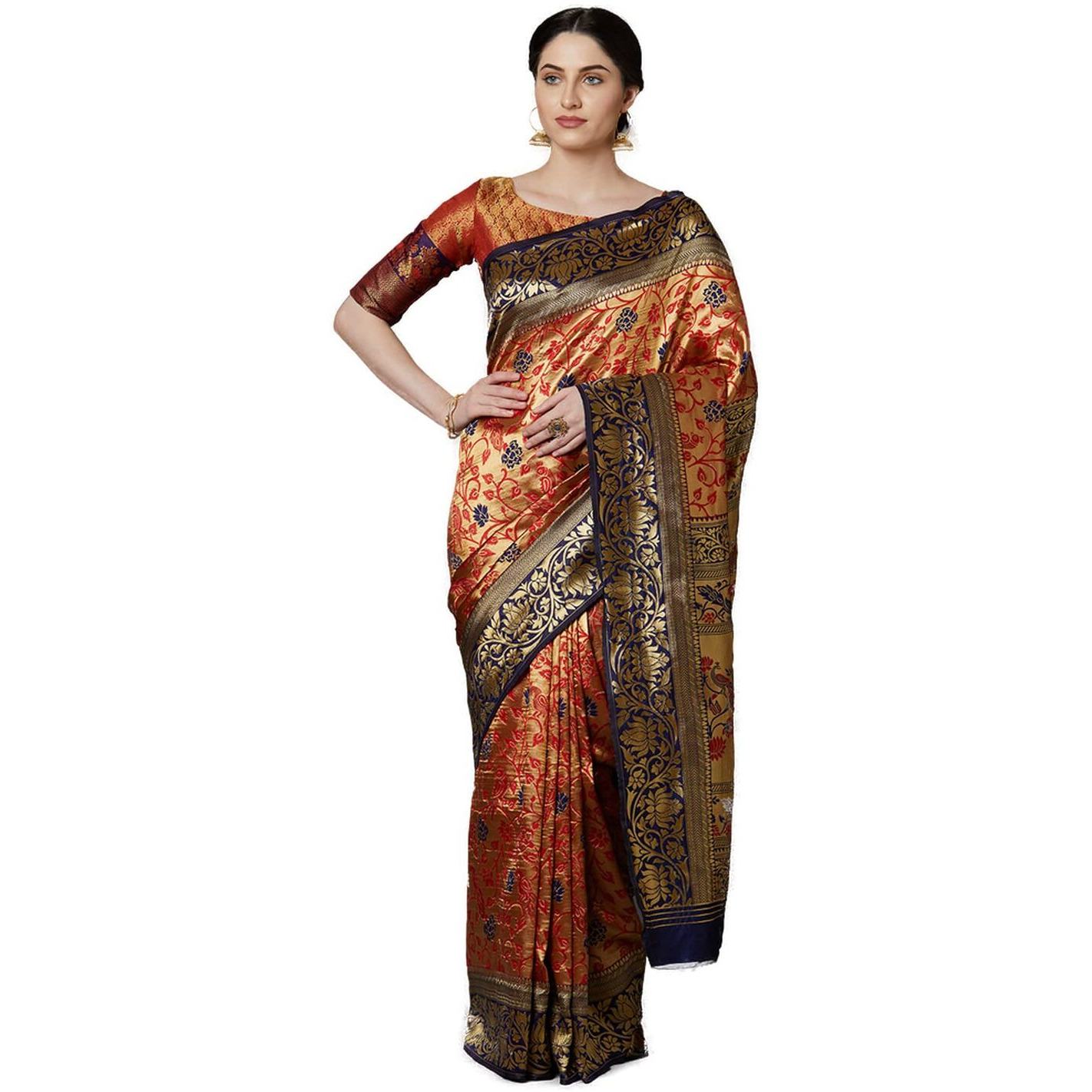 AKHILAM Womens Zari Woven Design Kanjivaram Silk Saree With Unstitched Blouse Piece(Red_VPRWT7408_D)