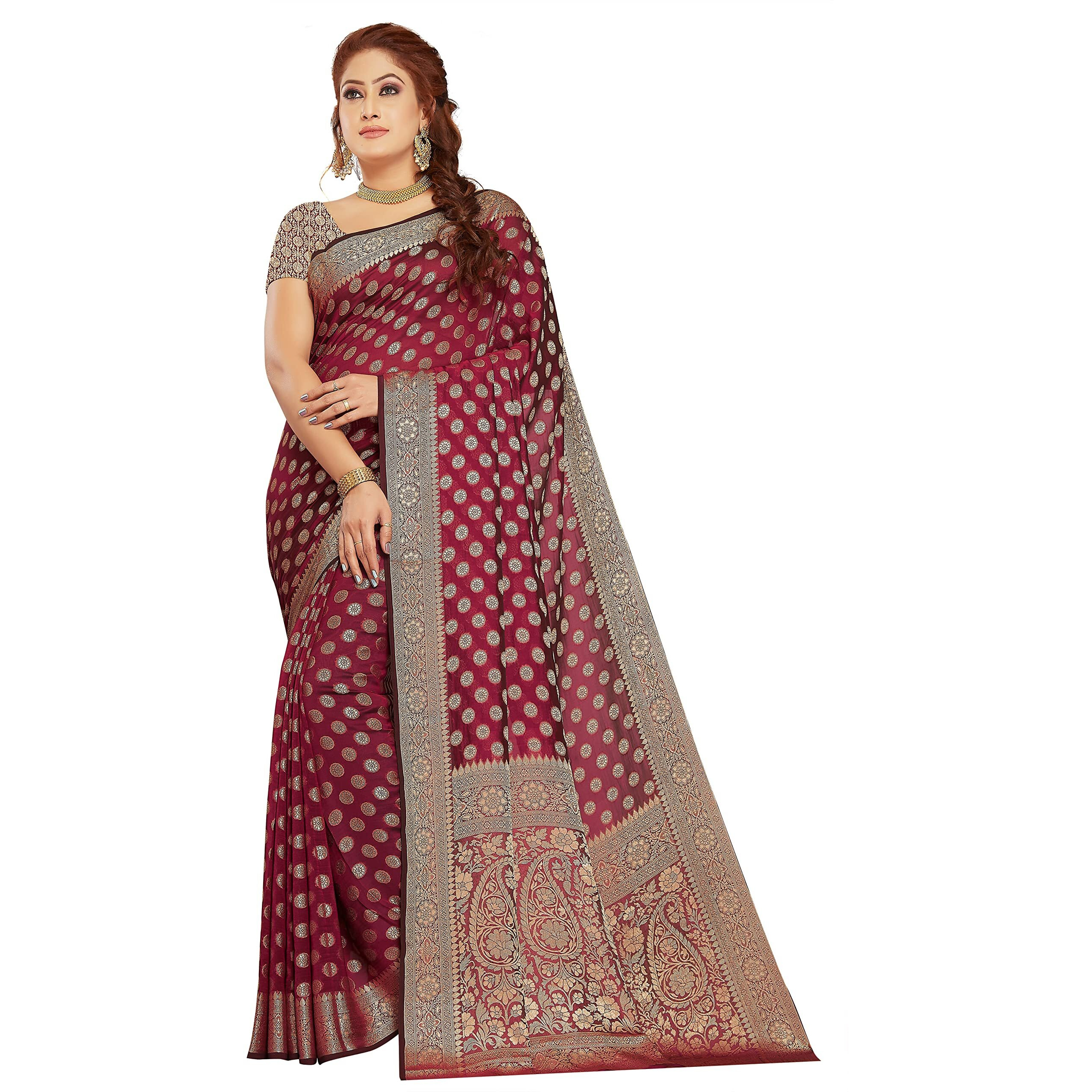 RANI SAAHIBA Womens Georgette Silk Resham Woven Saree With Blouse Piece (SKR10189_Deep Purple)