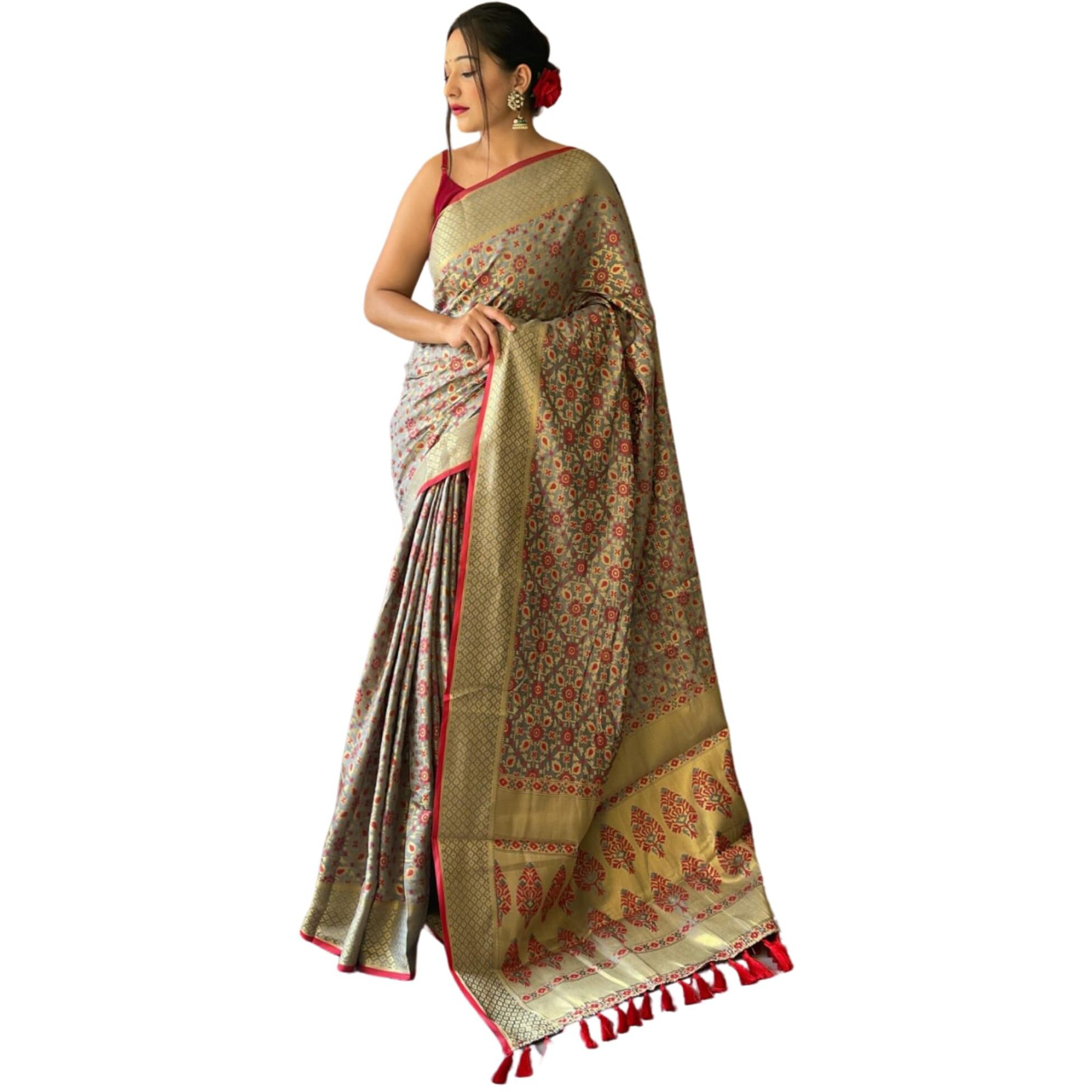 SGF11 Womens Kanjivaram Patola Silk Handloom Weaving Saree Pure Golden Zari With Blouse Piece (Grey)