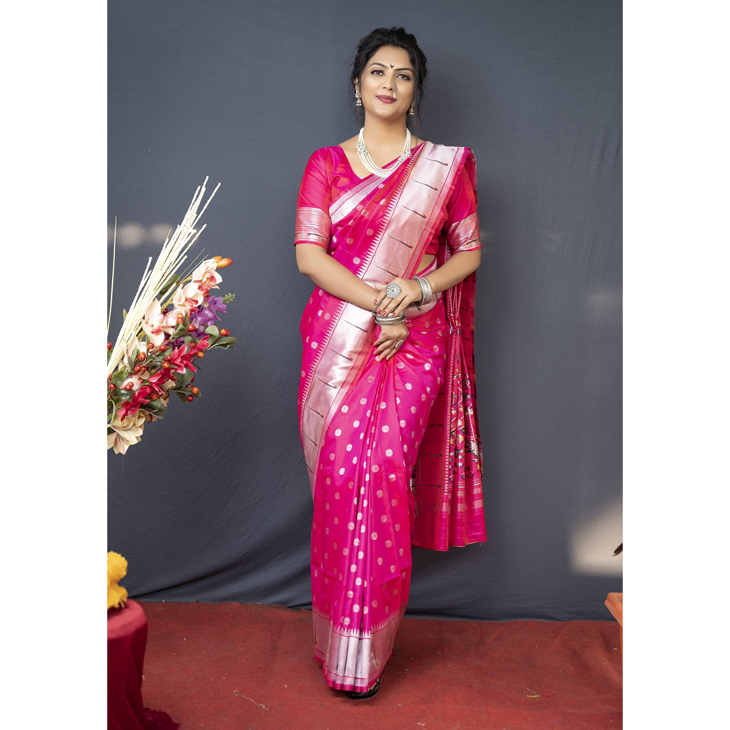 AMIRAT CLOTHING Womens Paithani Litchi silk Saree With Unstiched Blouse Piece (Pink)