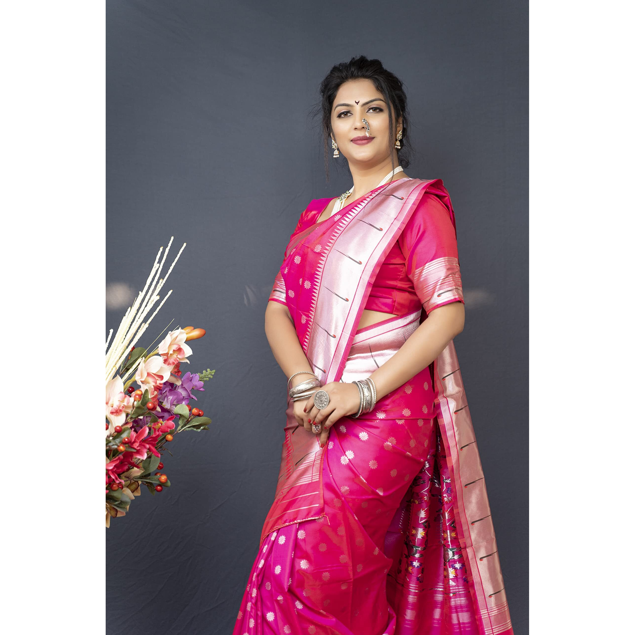 AMIRAT CLOTHING Womens Paithani Litchi silk Saree With Unstiched Blouse Piece (Pink)