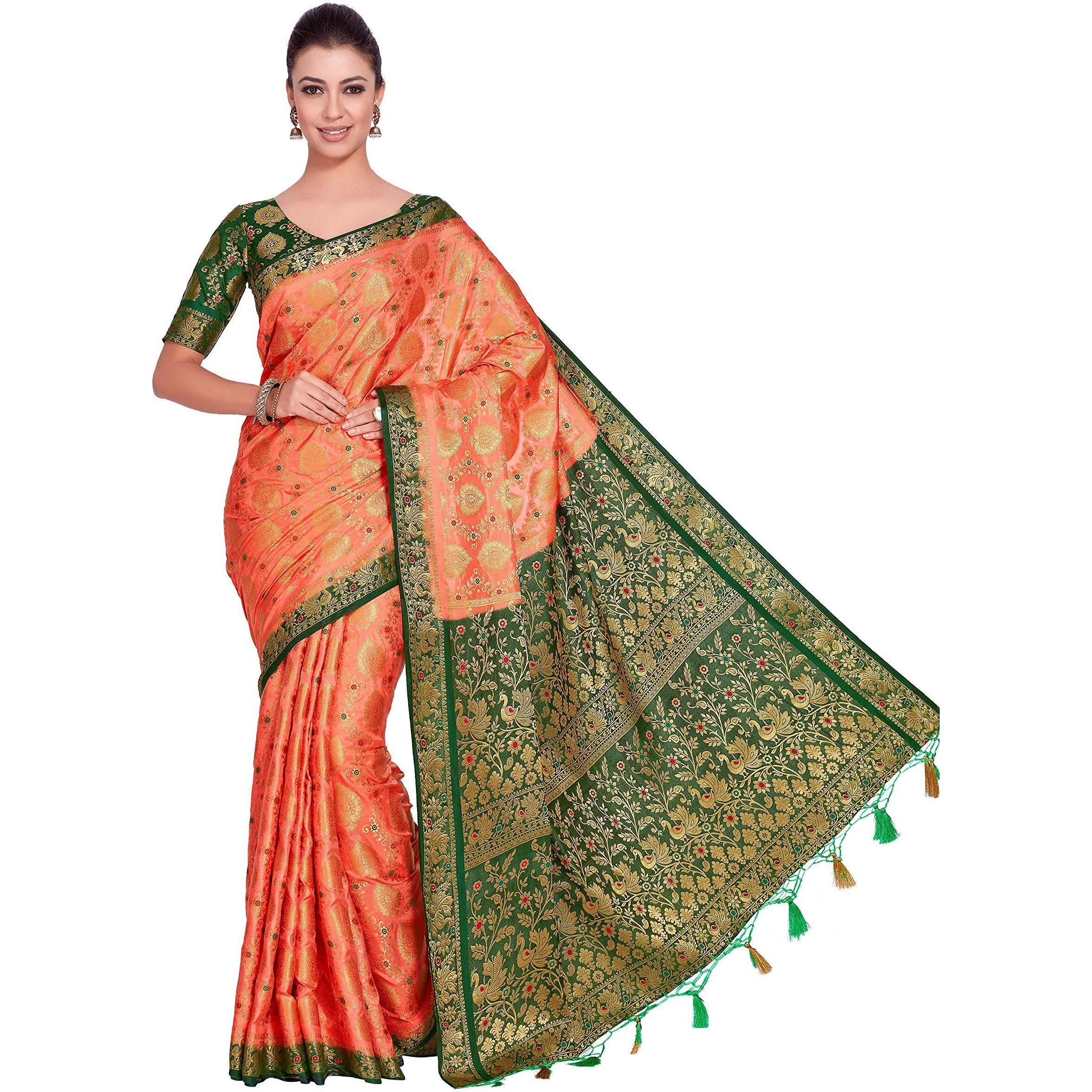 MIMOSA Women Art Silk Wedding Saree Kanjivarm Pattu Style With Contrast Blouse Color Orange (4282-65-2D-Pch-Bgrn)