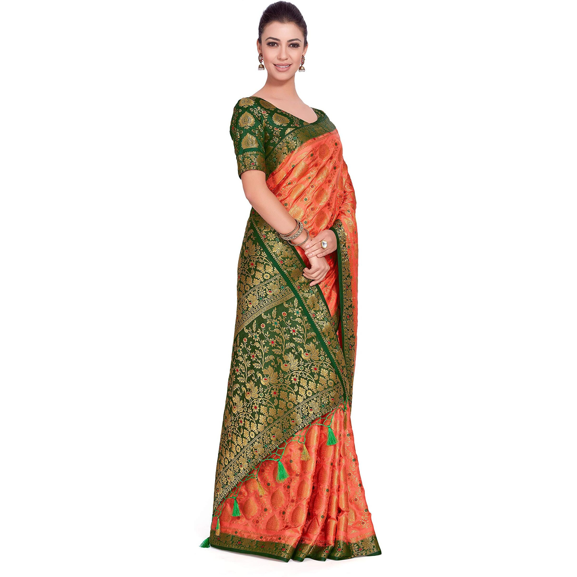 MIMOSA Women Art Silk Wedding Saree Kanjivarm Pattu Style With Contrast Blouse Color Orange (4282-65-2D-Pch-Bgrn)