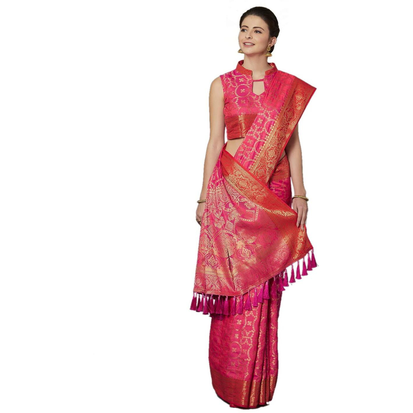 AKHILAM Womens Jacquard kanjivaram Silk Saree With Unstitched Blouse (KENAS72002_2 Silk Saree_Pink)