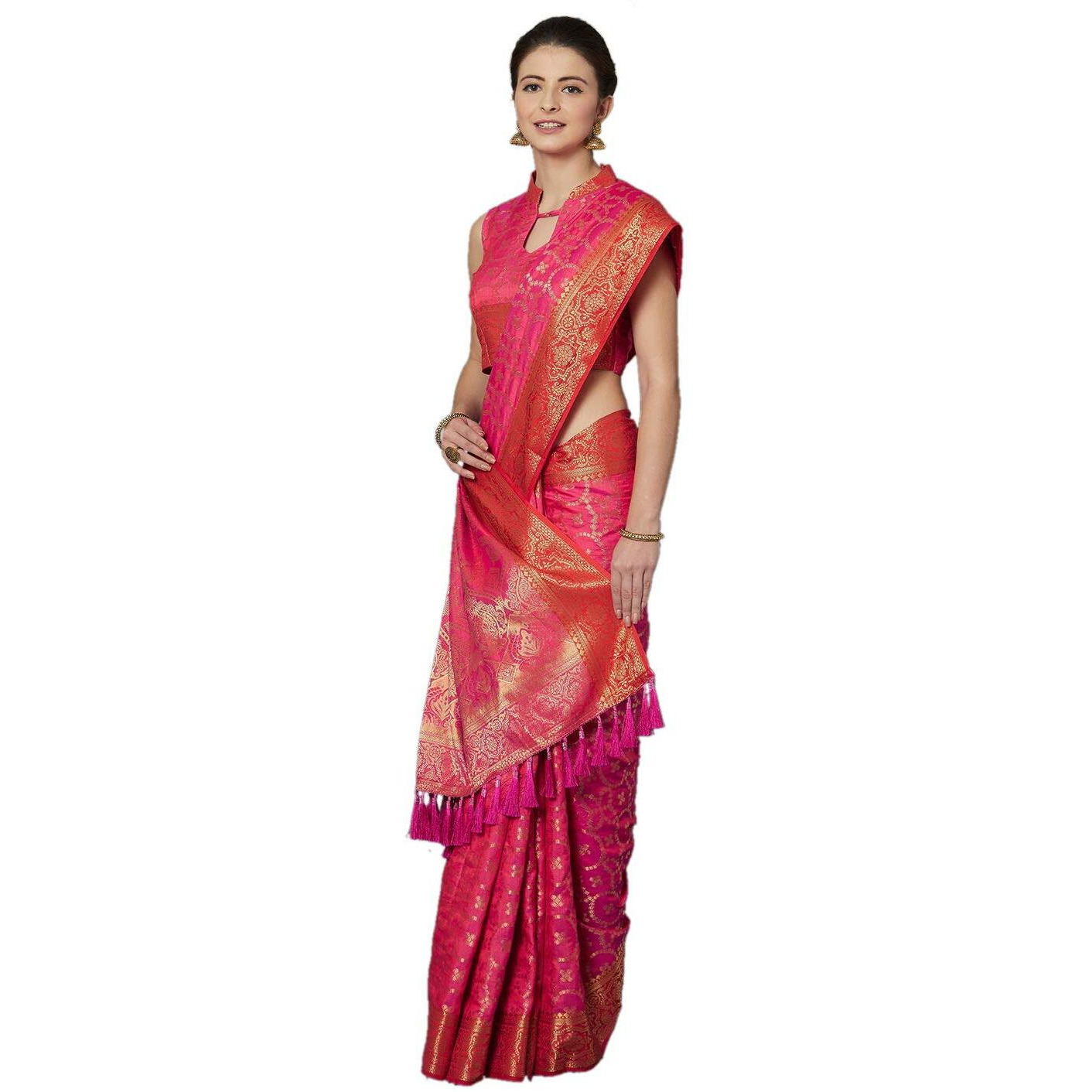 AKHILAM Womens Jacquard kanjivaram Silk Saree With Unstitched Blouse (KENAS72002_2 Silk Saree_Pink)