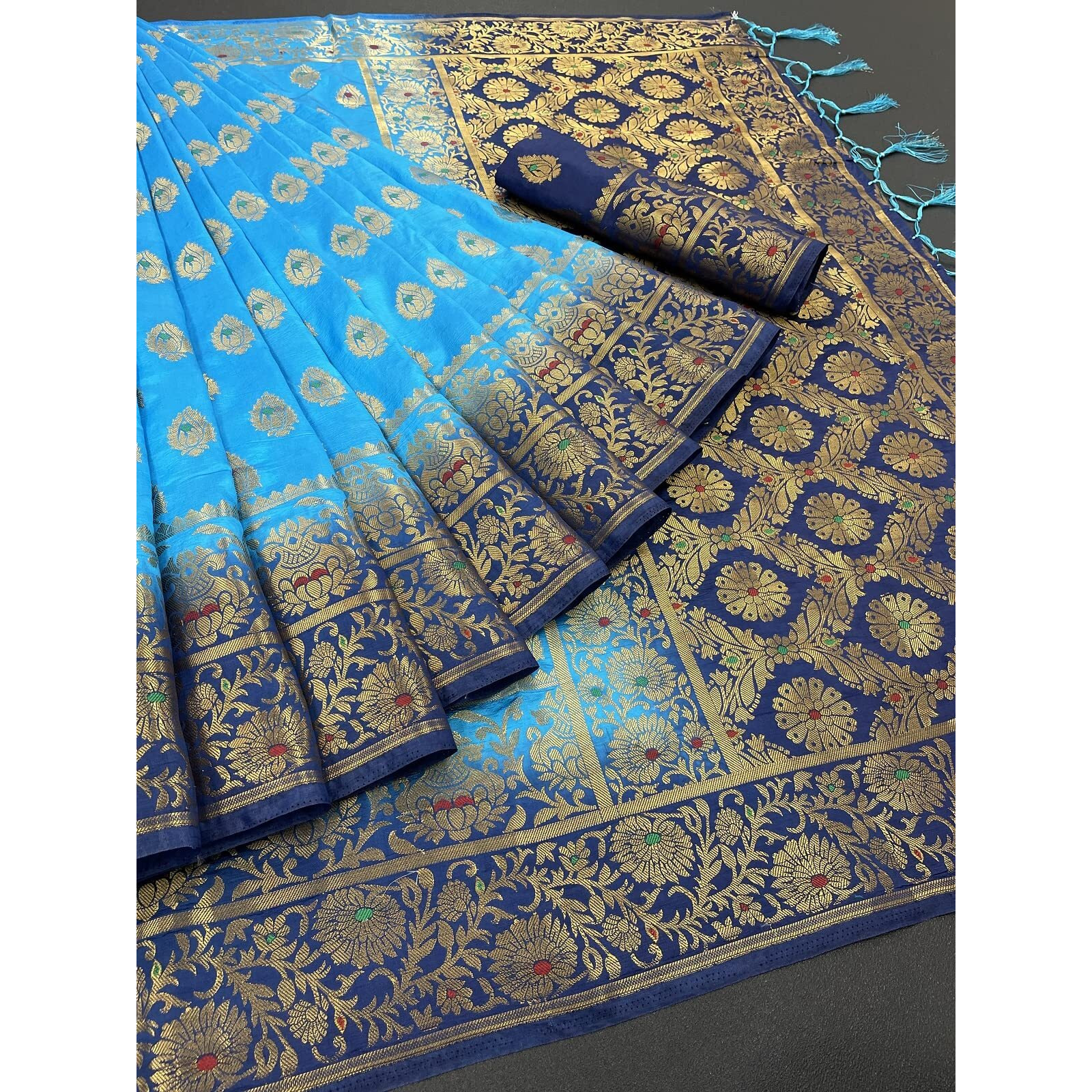 iZibra kanjivaram silk saree wedding cotton sarees for women Banarasi sadi original Kanchipuram pure sadi pattu sari with blouse piece 2023 Kalash (Skyblue)