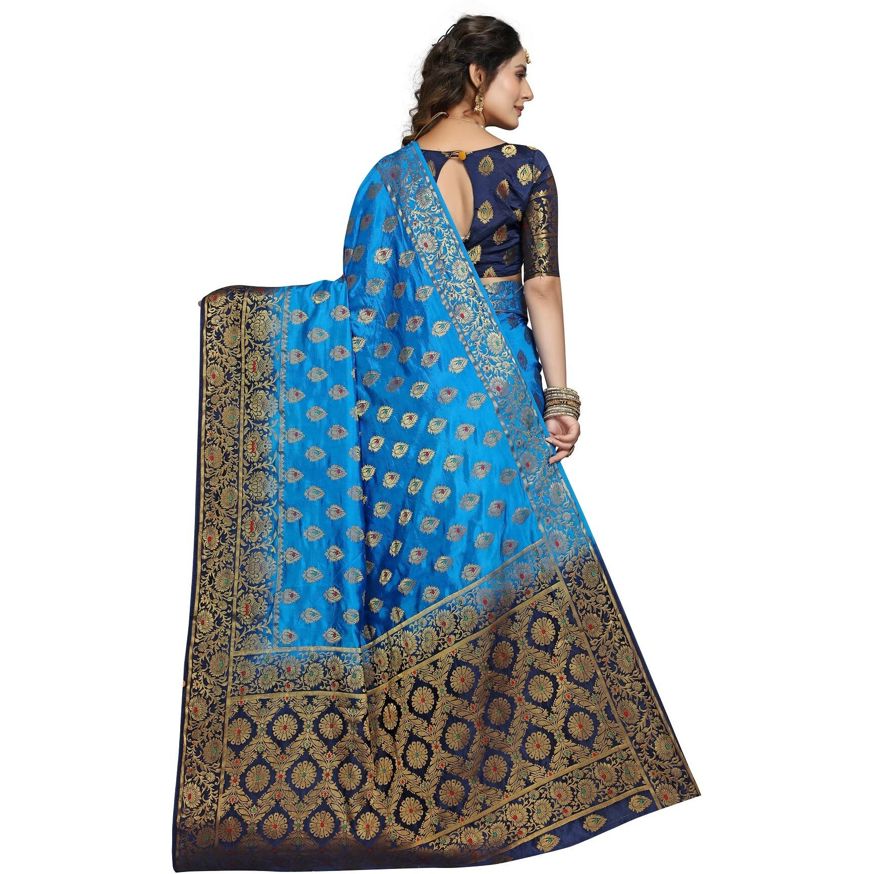 iZibra kanjivaram silk saree wedding cotton sarees for women Banarasi sadi original Kanchipuram pure sadi pattu sari with blouse piece 2023 Kalash (Skyblue)