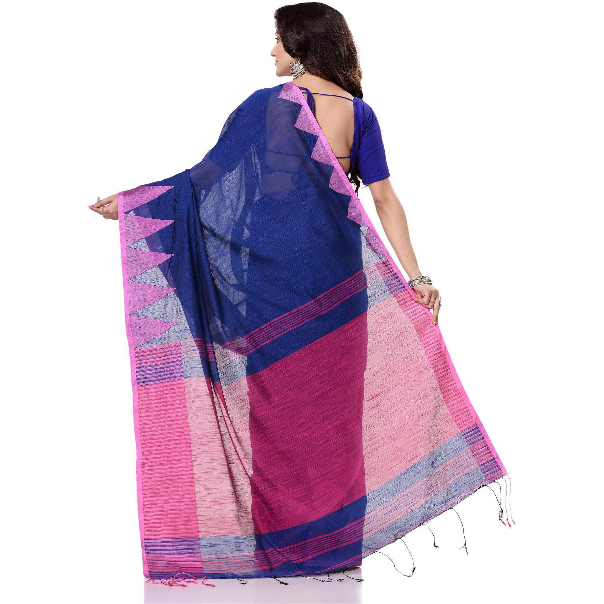 dB DESH BIDESH Women`s Traditional Bengali Handloom Tant Pure Cotton Saree Khadi Temple Par Desigined With Blouse Piece (White Yellow) (Blue Pink)