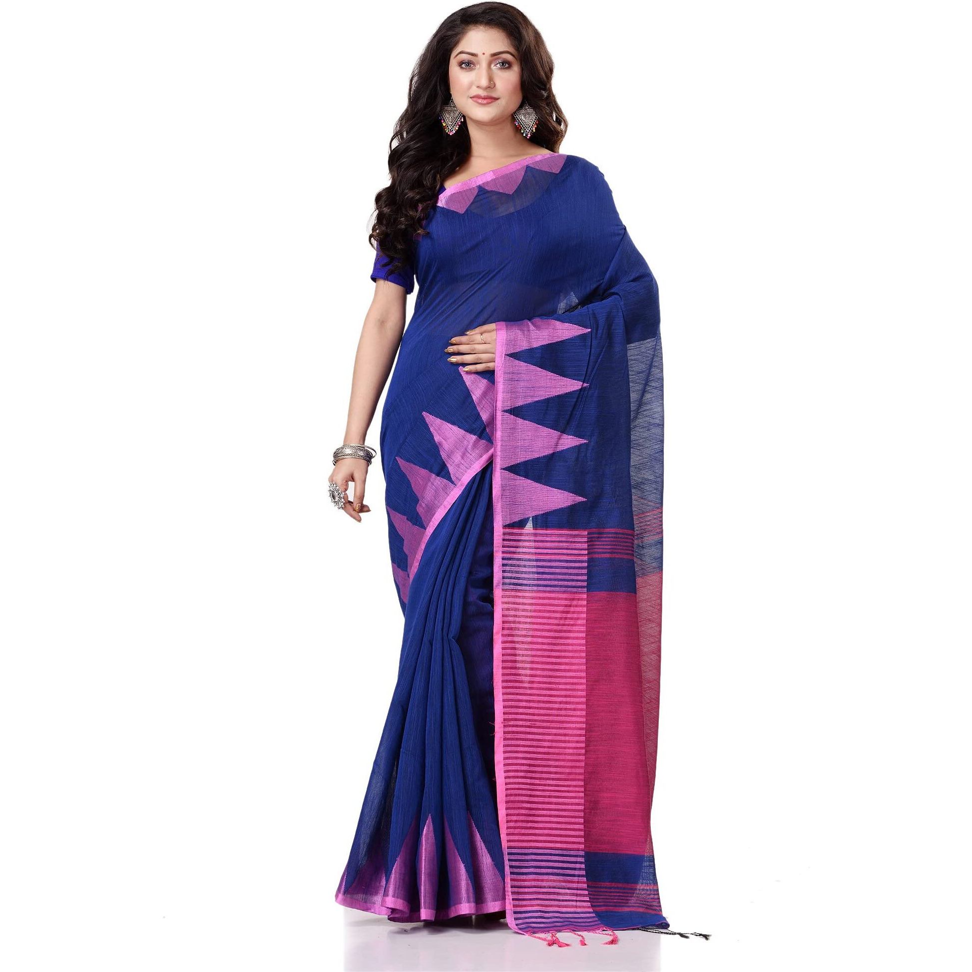 dB DESH BIDESH Women`s Traditional Bengali Handloom Tant Pure Cotton Saree Khadi Temple Par Desigined With Blouse Piece (White Yellow) (Blue Pink)