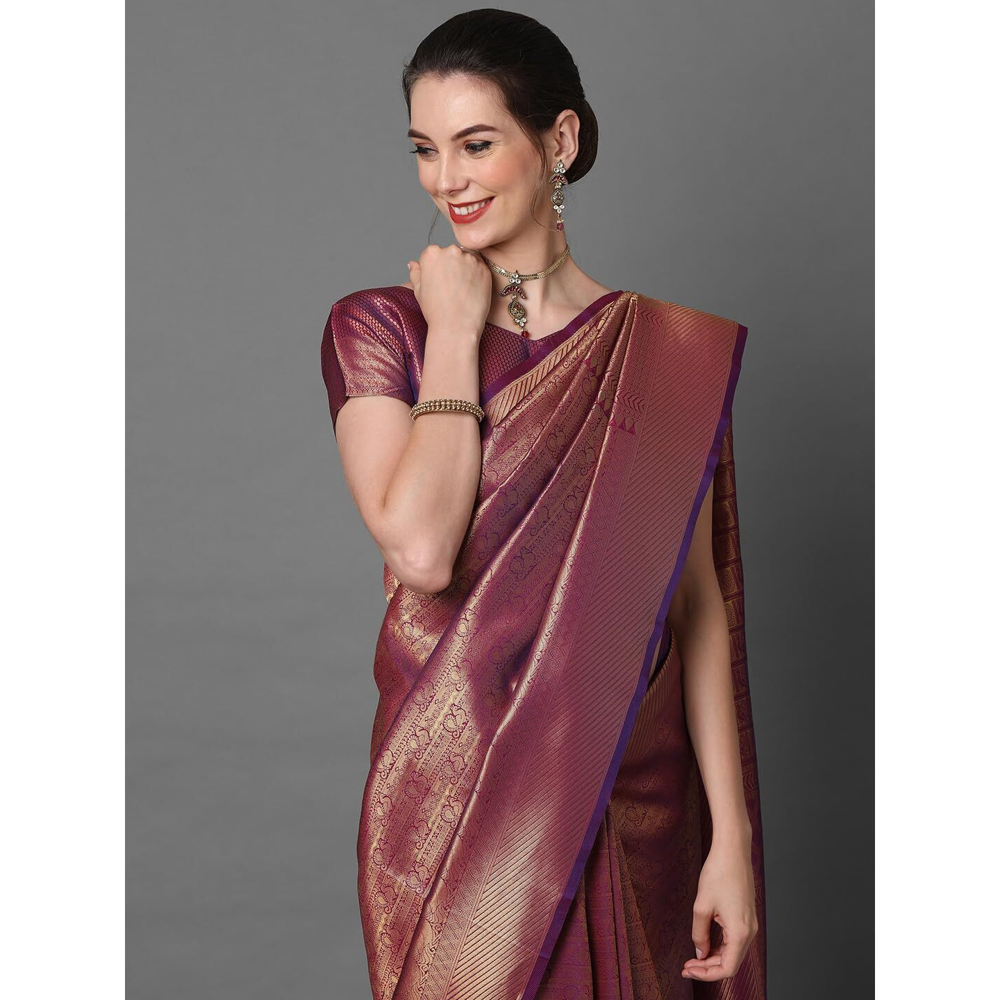 Akhilam Womens Kanchipuram Silk Blend Saree With Blouse Piece (Kanjivaram Silk Saree_Purple)