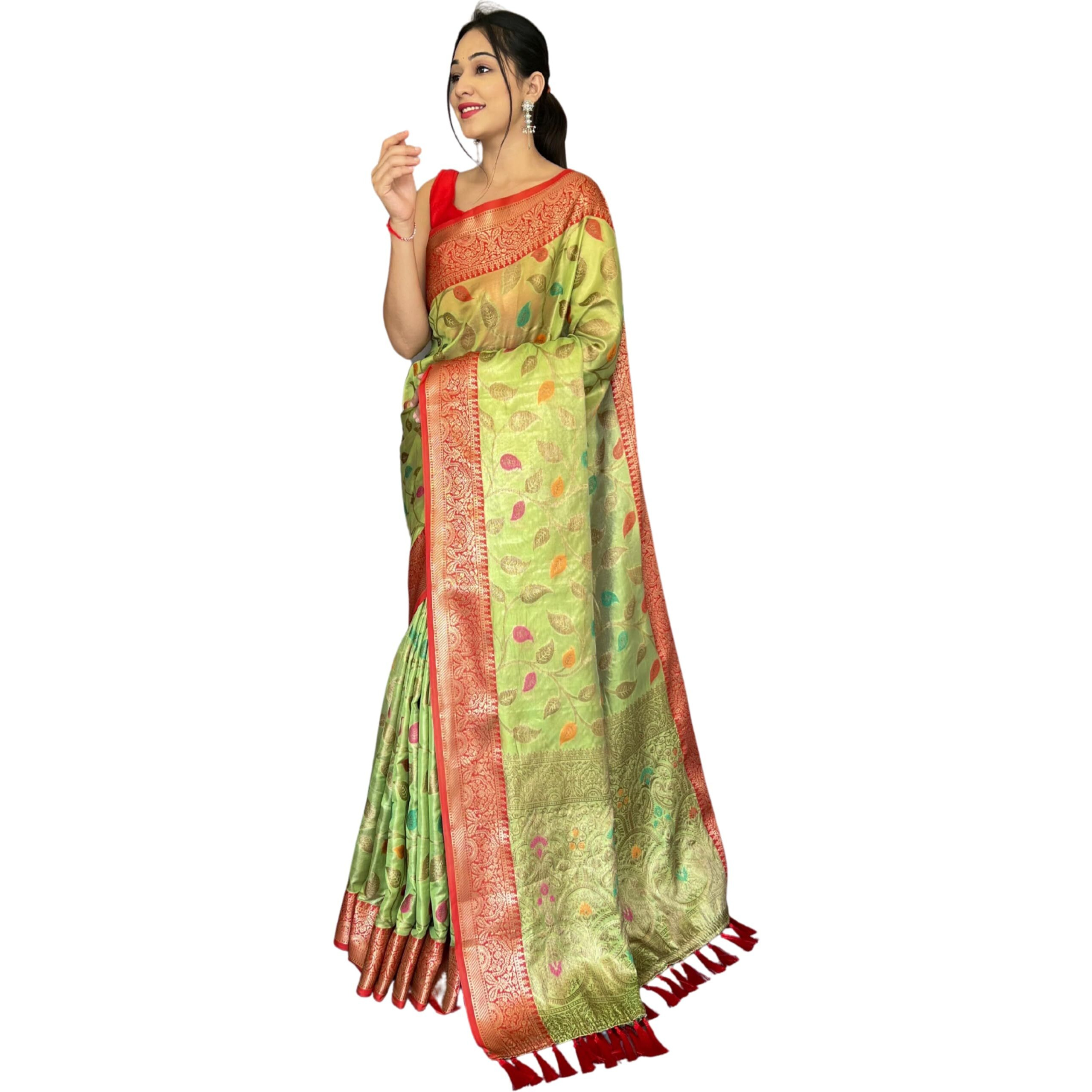 SGF11 Womens Kanjivaram Organza Tissue Soft Lichi Silk Sarees With Blouse Piece (Pista Green)