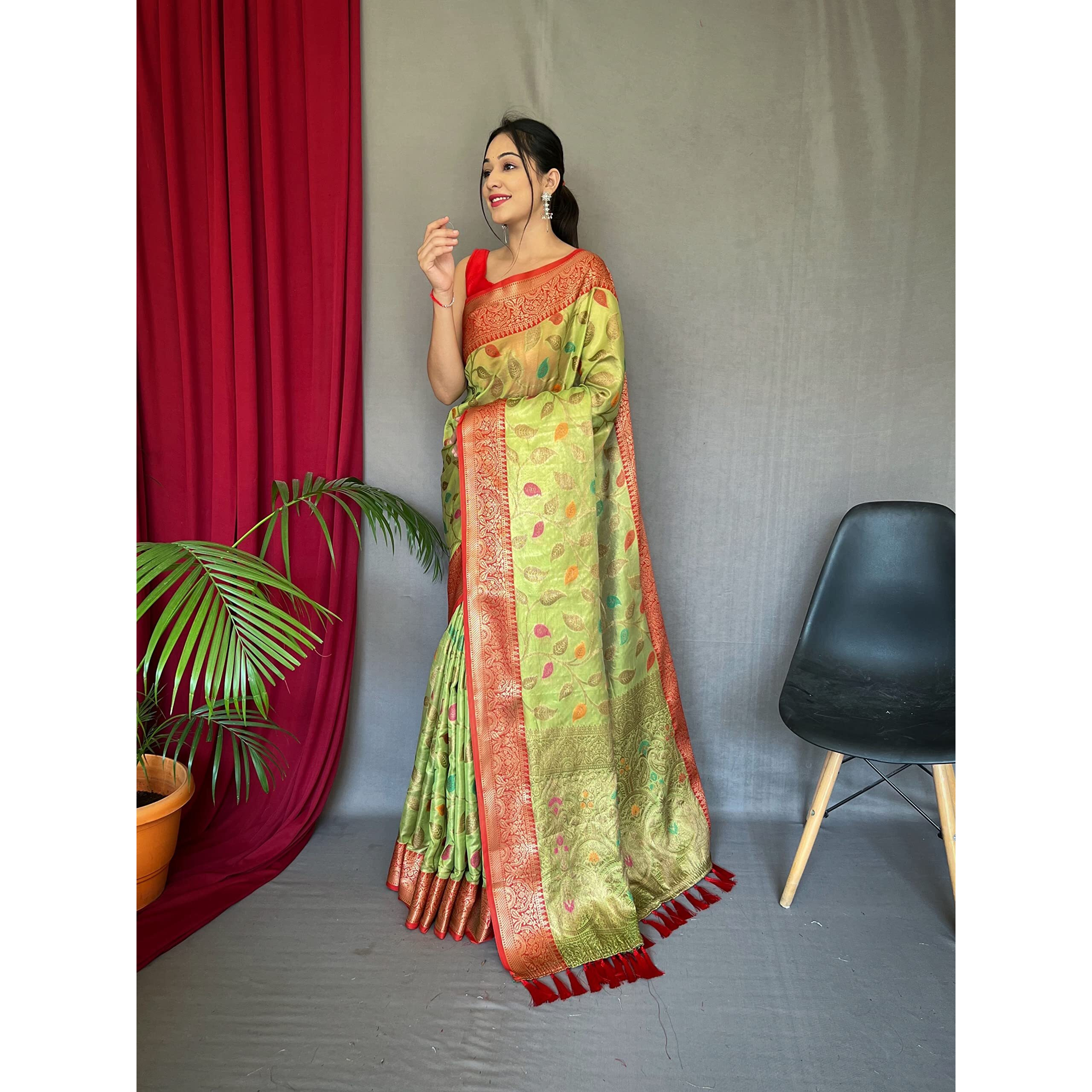 SGF11 Womens Kanjivaram Organza Tissue Soft Lichi Silk Sarees With Blouse Piece (Pista Green)