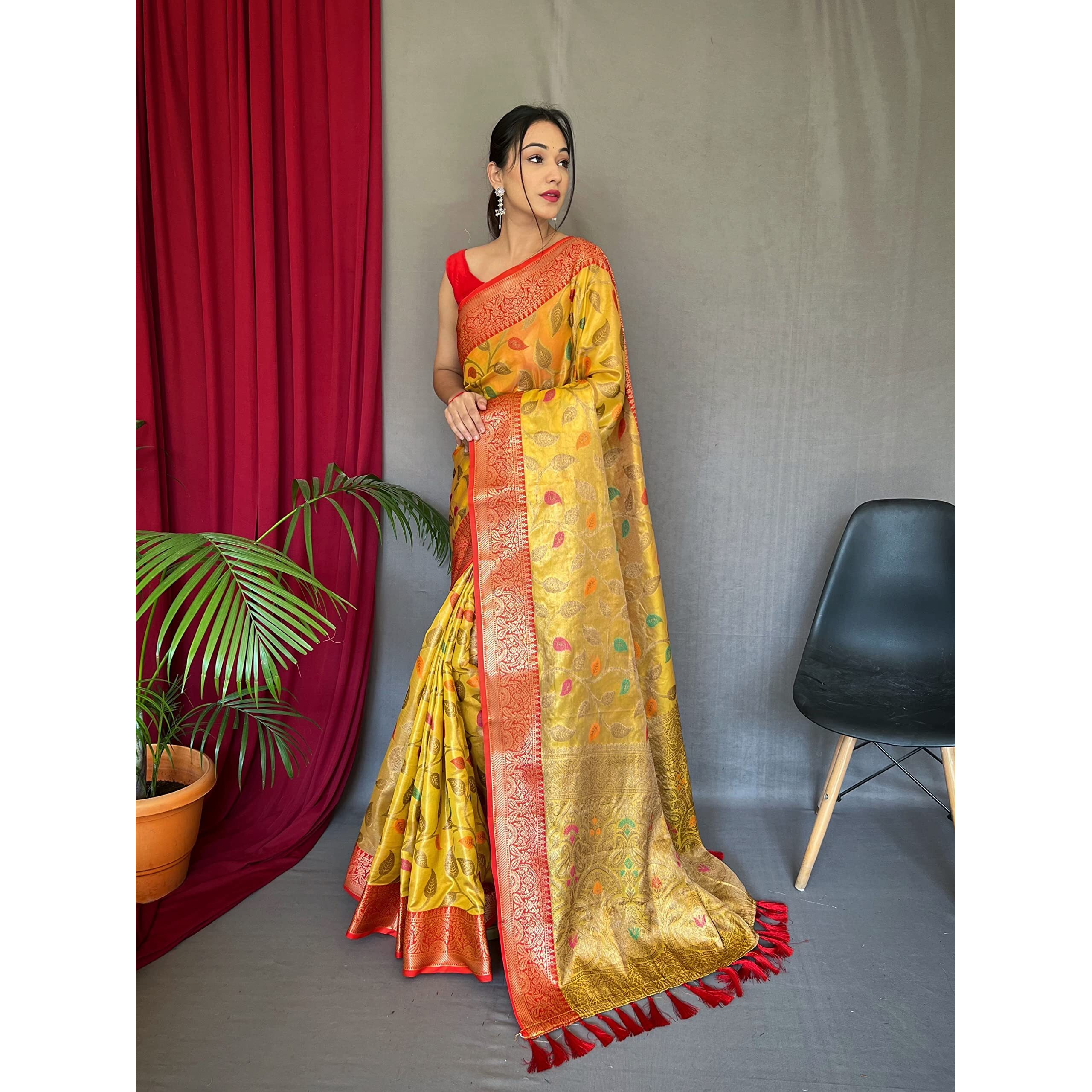 SGF11 Womens Kanjivaram Organza Tissue Soft Lichi Silk Sarees With Blouse Piece (Yellow)