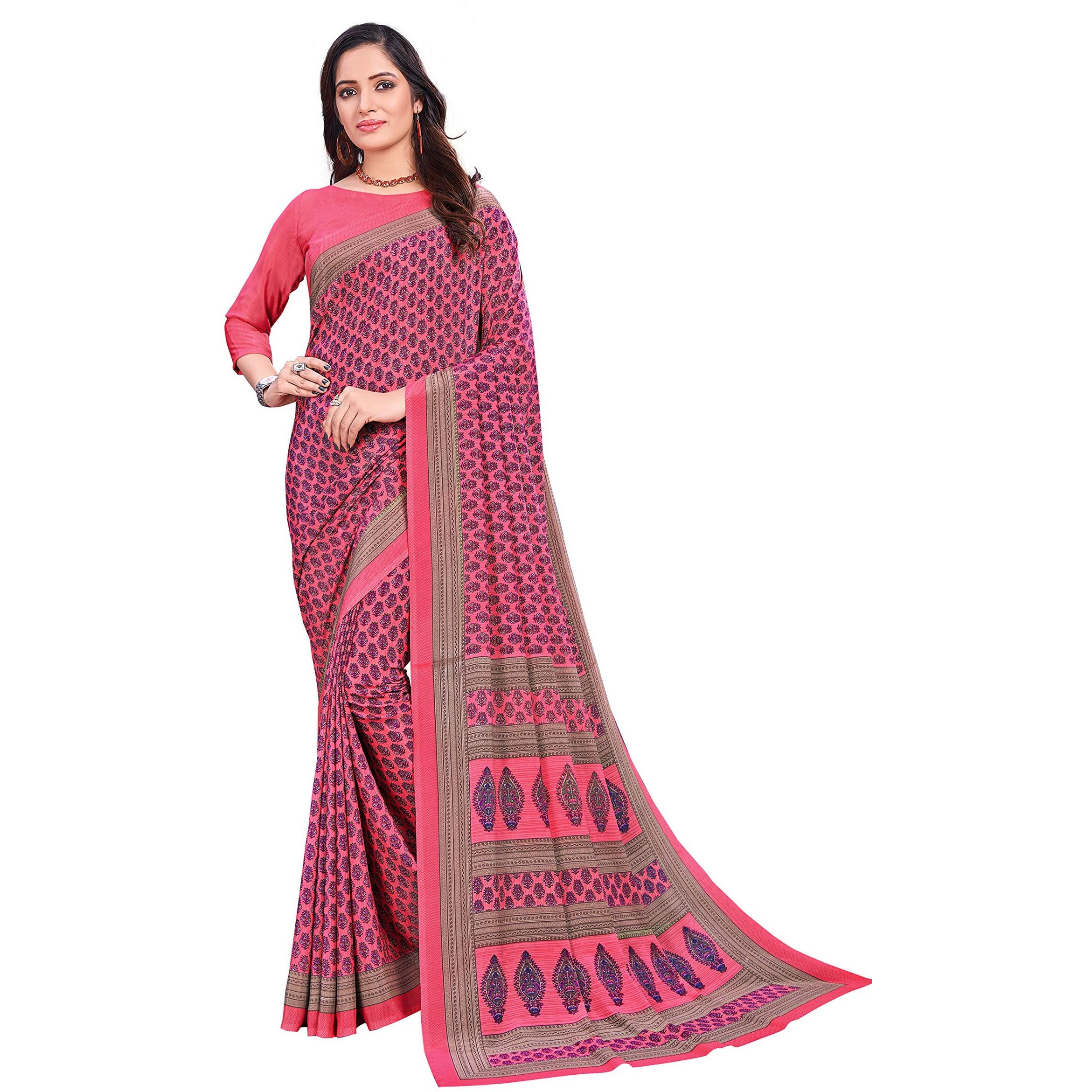 Vimla Womens Pink Crepe Silk Uniform Saree with Blouse