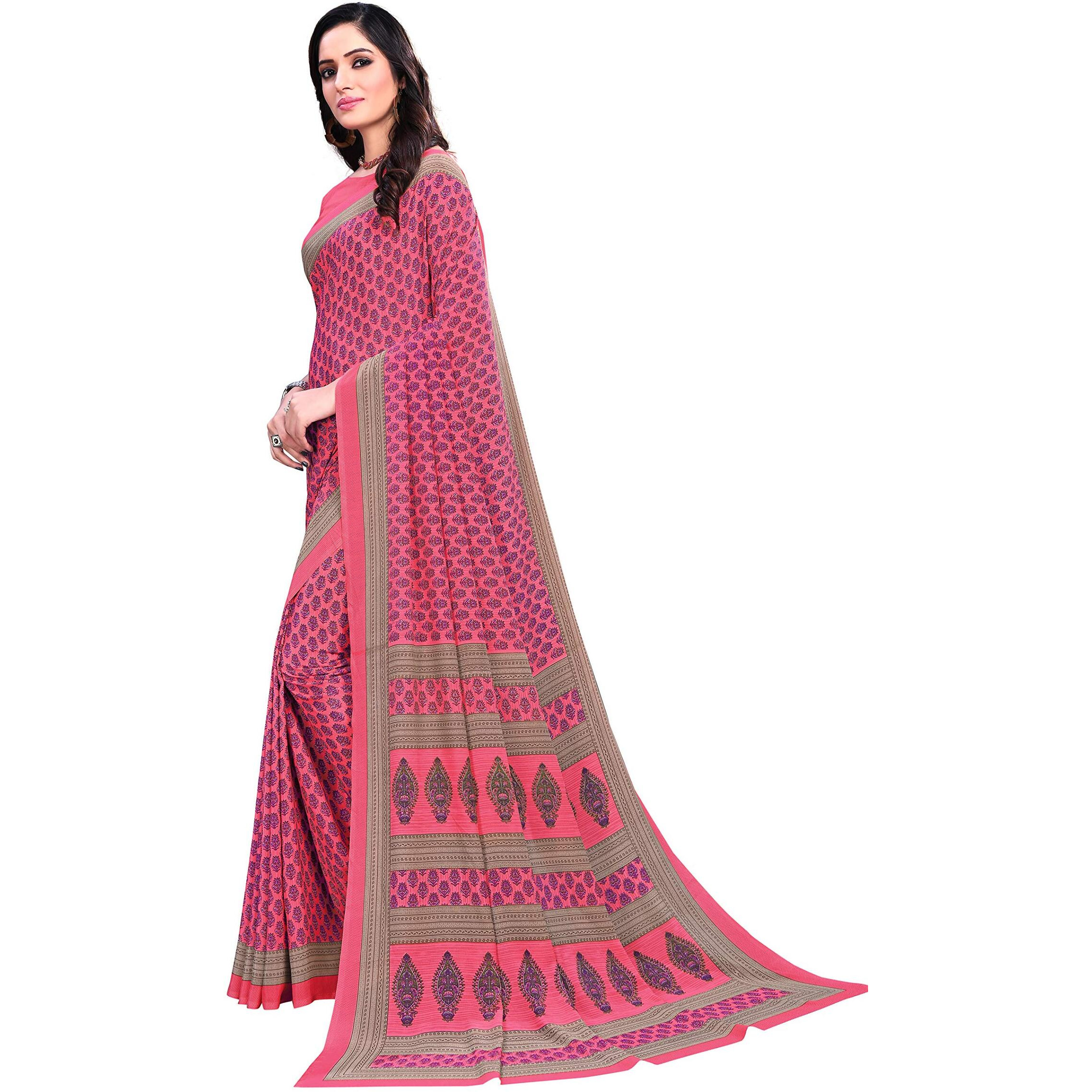 Vimla Womens Pink Crepe Silk Uniform Saree with Blouse