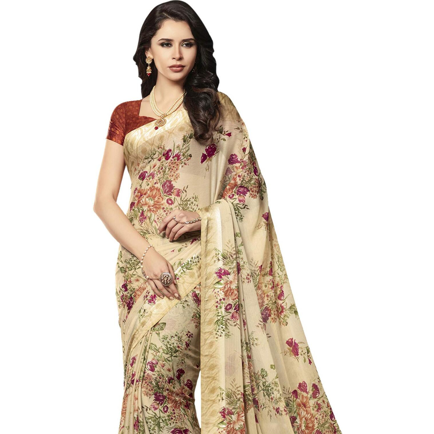 Satrani Womens Chiffon Saree (1026ST401_Beige_Maroon)